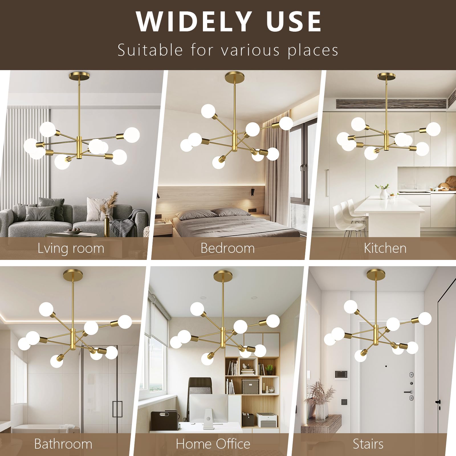 Eugitrains Gold Modern Sputnik Chandelier 8-Lights Mid Century Chandeliers Flush Mount Sputnik Lights Fixture For Dining Room, L