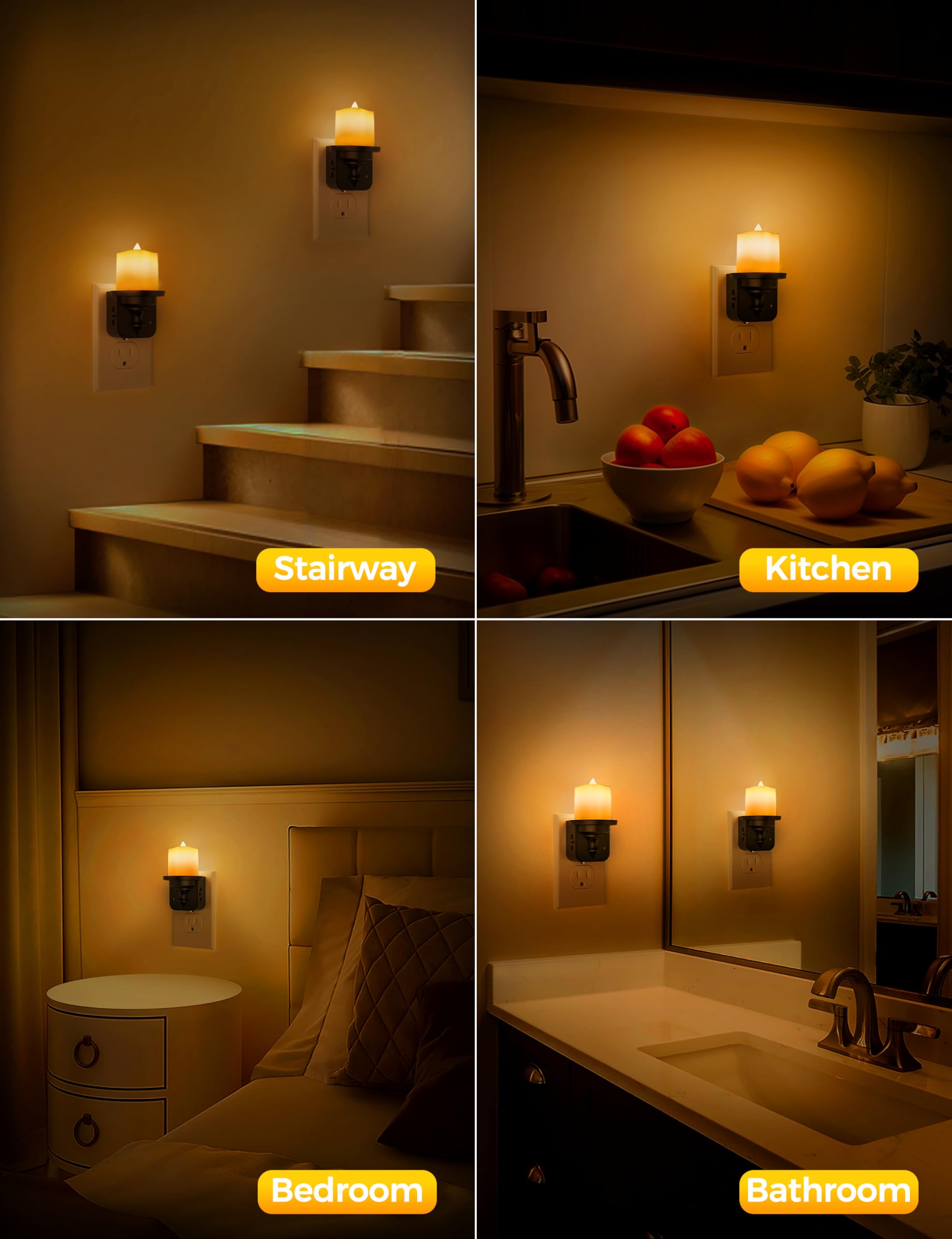 Briignite Flameless Candle Night Lights, Amber Plug-In 2 Pack, Led Candle With Light Sensor, 0-100Lm Dimmable, Kids Hallway Bath