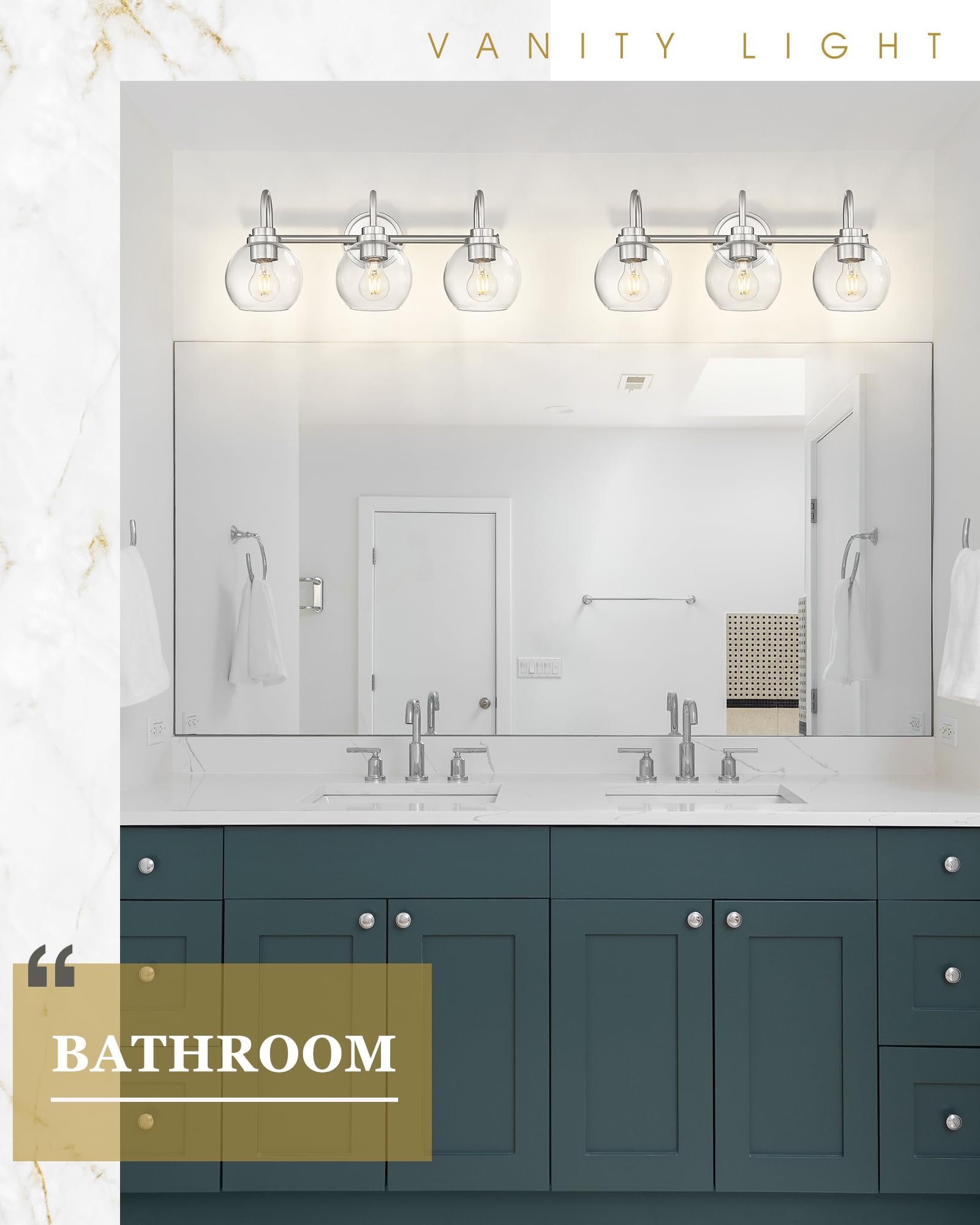 Audickic Bathroom Light Fixtures, 3-Light Brushed Nickel Vanity Lights Over Mirror With Globe Clear Glass, Modern Vanity Lighting Fixtures, Ad-22280-3W-Sn