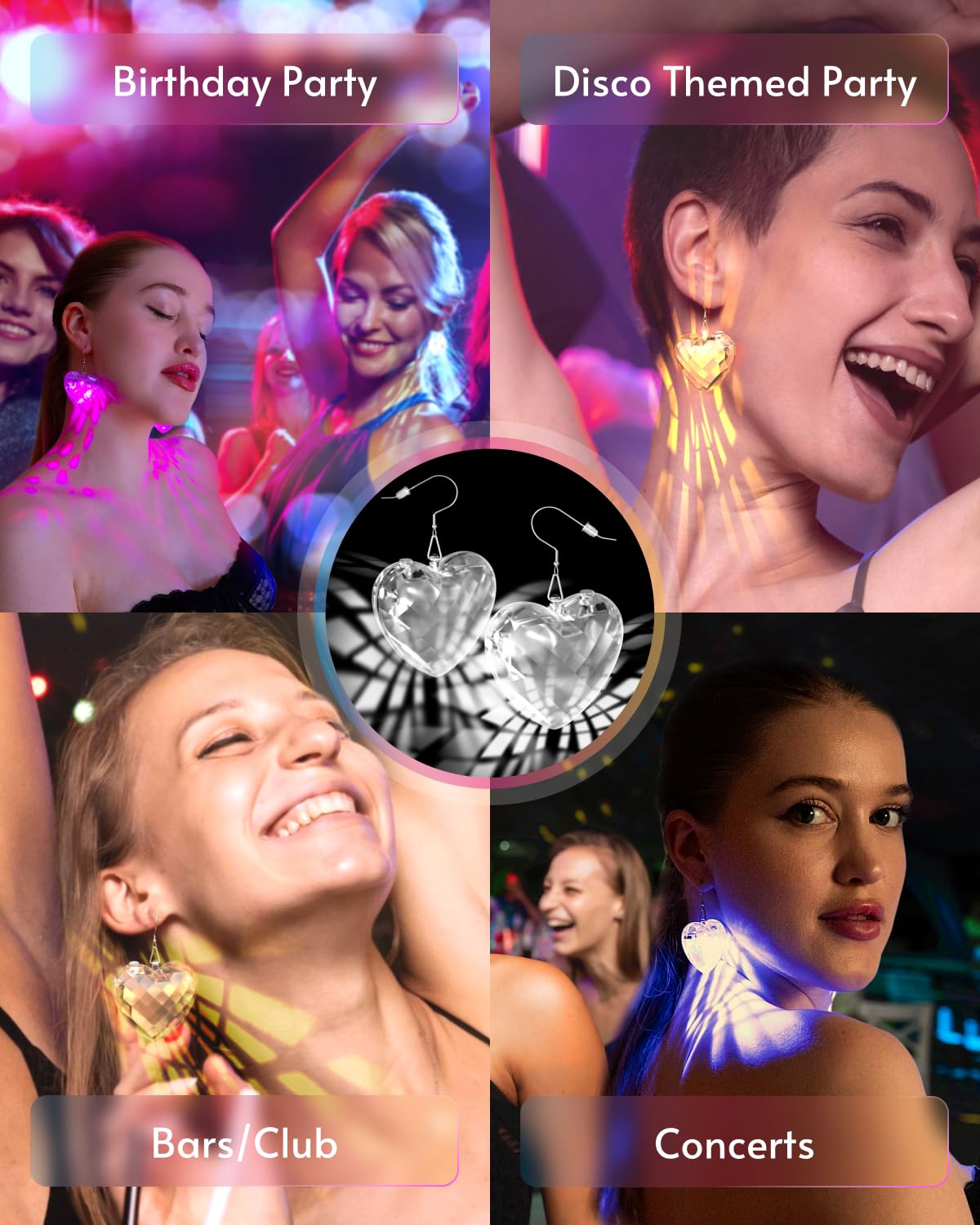 PUFIER LED Earrings - Light Up Heart Earrings with 16 Modes, Rechargeable, Transparent Heart, Model 2llud