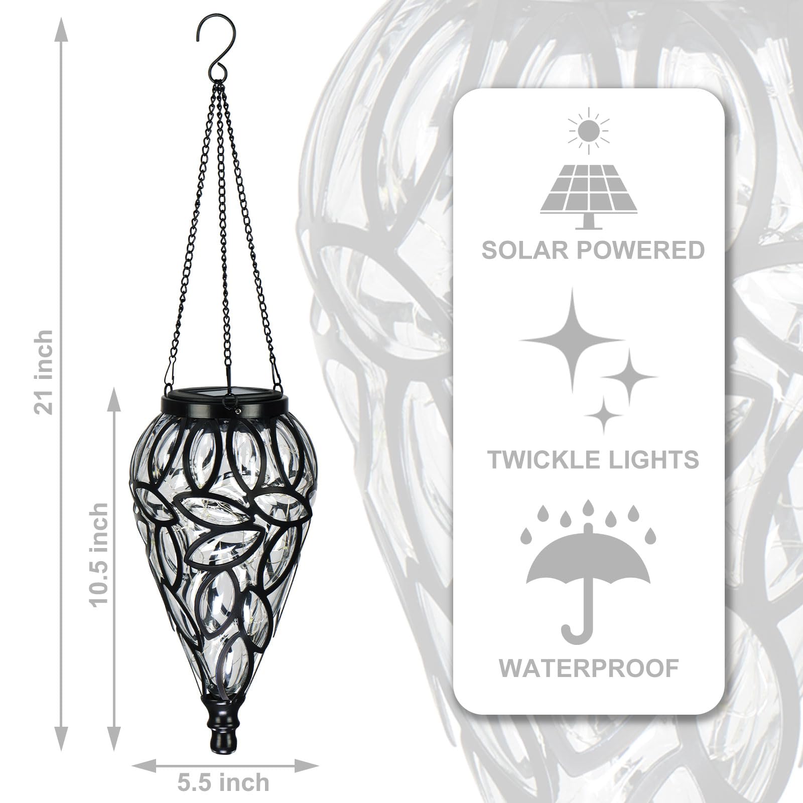 Solar Hanging Lantern Outdoor Lights, Tear-Shaped 15 Leds Cool White Hanging Lights With S Hooks Decor In Garden, Yard, Pathway,