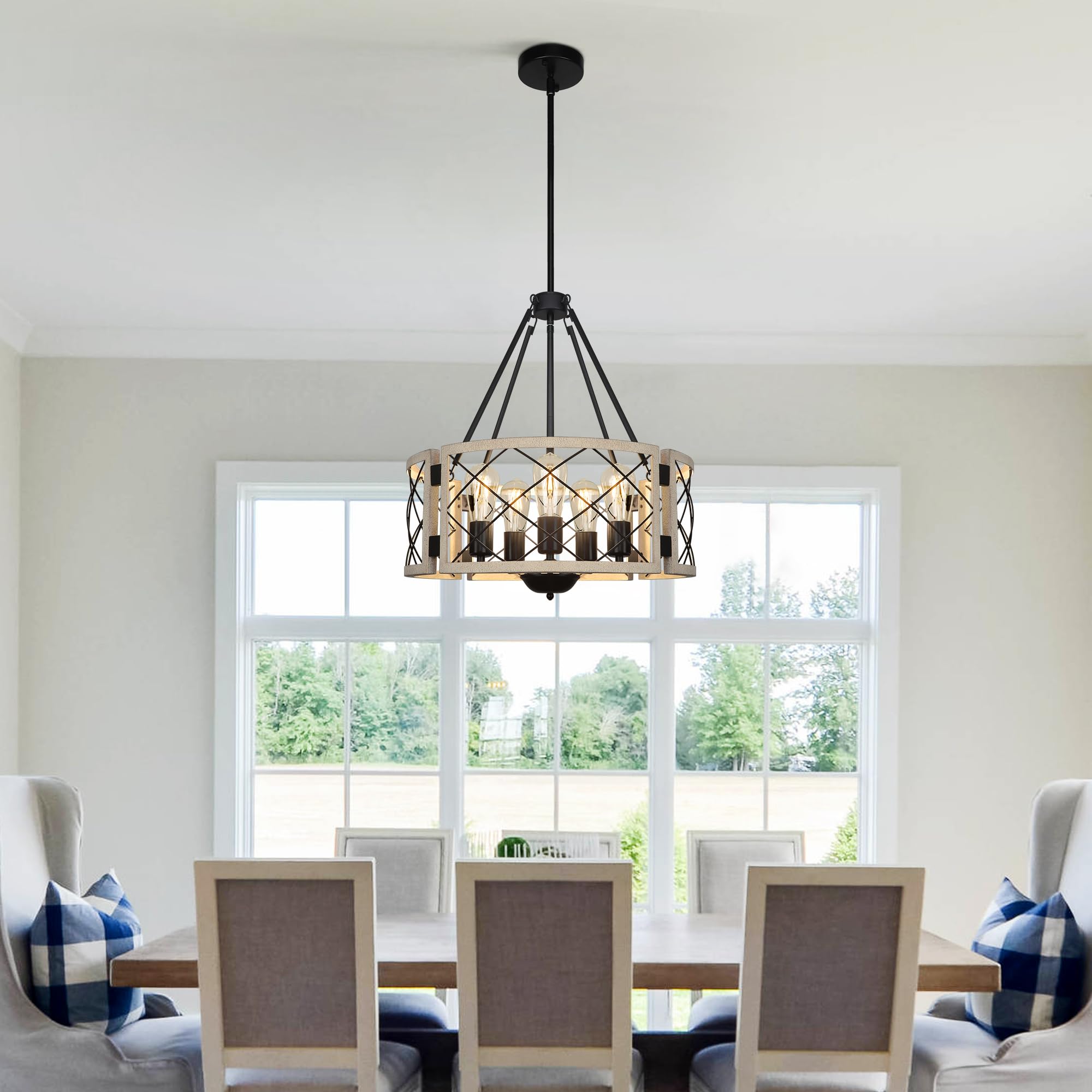 Sigaitwei 18.9 Farmhouse Drum Chandelier  5-Light Adjustable Dining Room Light Fixture Kitchen Island Lighting  Rustic Hanging Lights For Entryway Dining Room Kitchen Table Foyer Living Room.