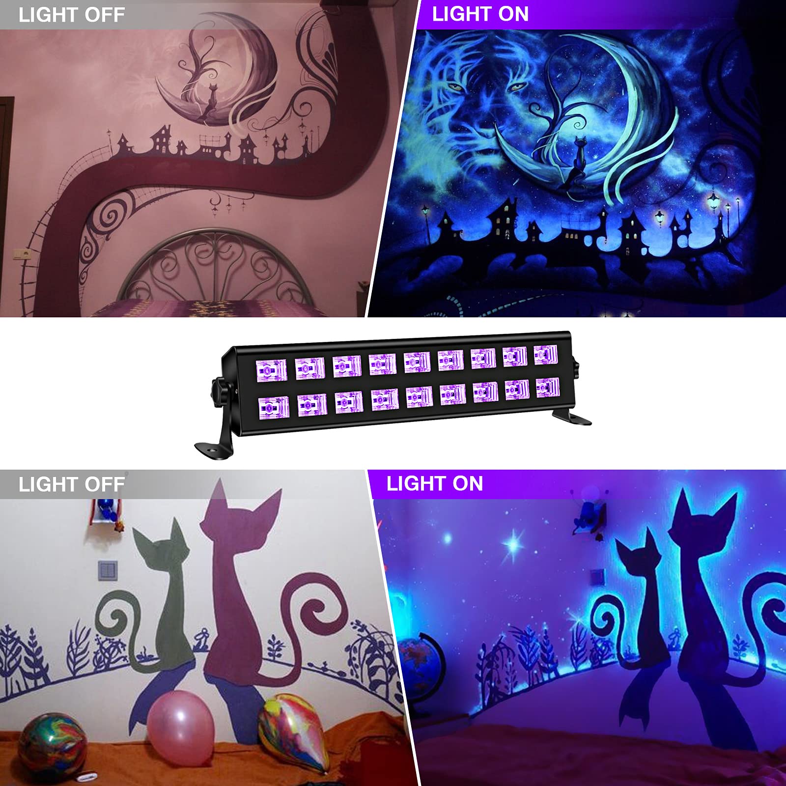 Oppsk Black Lights, 54W 18Leds Powerful Black Light Bar Glow In The Dark Party Supplies For Blacklights Party Body Paint Birthday Halloween Christmas Stage Lighting