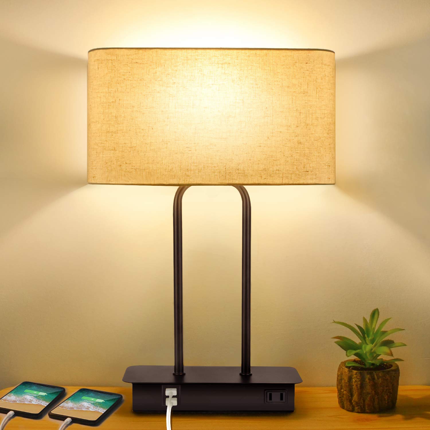 Beslowe 3-Way Dimmable Touch Control Table Lamp With Usb Ports, Cream Fabric Shade, Led Bulb Included
