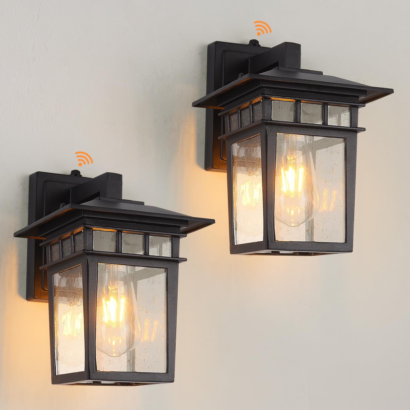 Smeike Outdoor Wall Lantern, Exterior Lighting Fixtures Wall Mount, 2 Pack Black Outdoor Sconce with Seeded Glass, Dusk to Dawn 