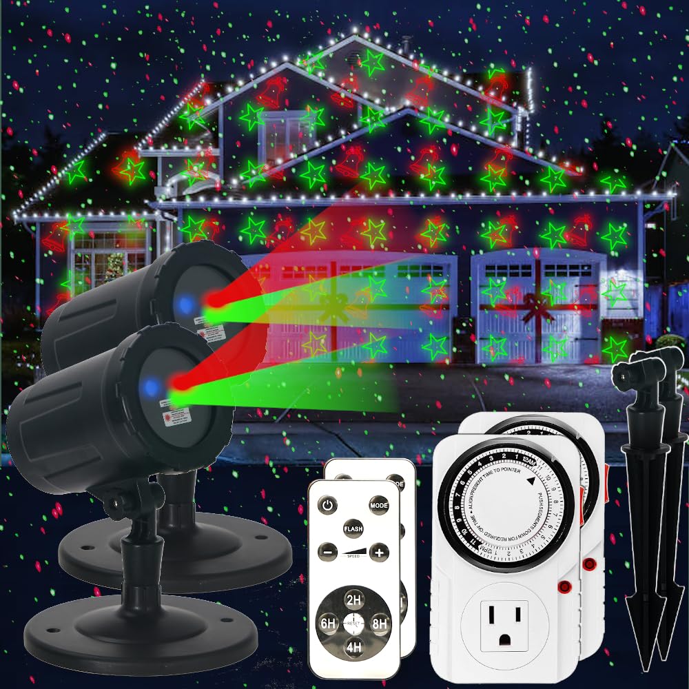 Rukala Christmas Projector Laser Lights - 18 Patterns, Red & Green, 2-Pack, Aluminum, Model KS-GL202CMRG
