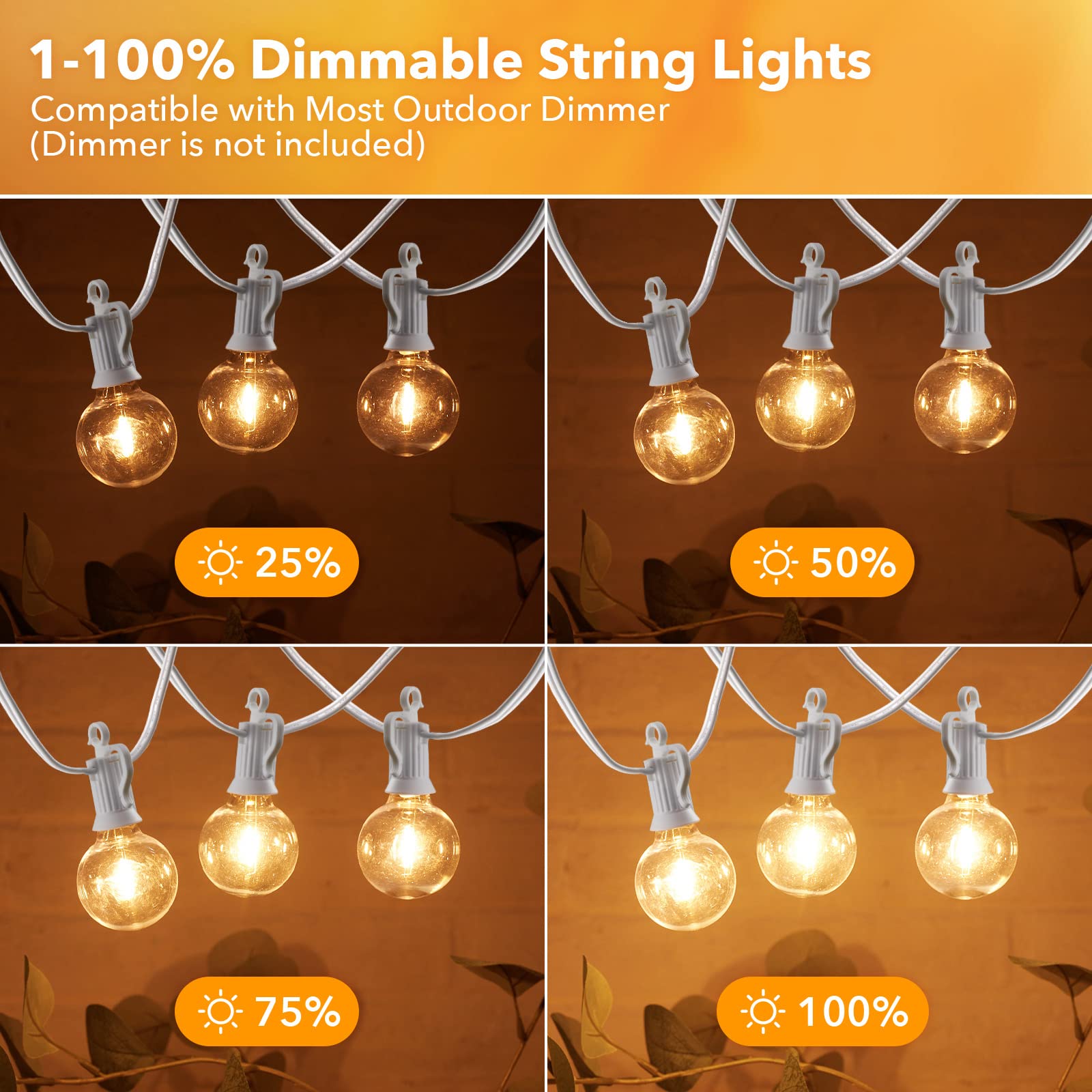 Brightown Outdoor String Lights - 50Ft Waterproof Led Globe Lights With 25 G40 Bulbs, All-Weather Patio Decor, White