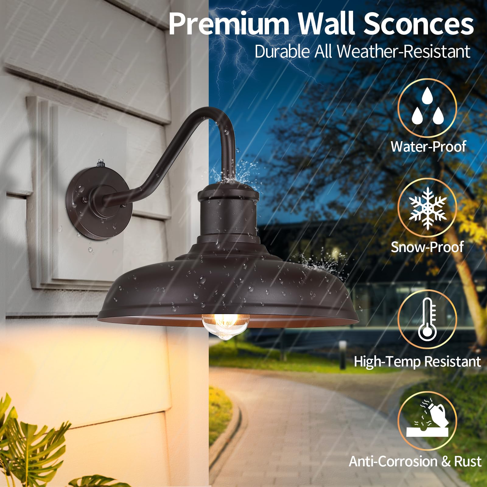 MYHXQ Gooseneck Barn Light 2-Pack, 13.8'' Brown Metal Outdoor Sconce with Sensor, Industrial Fixture for Porch, Entryway, Garage