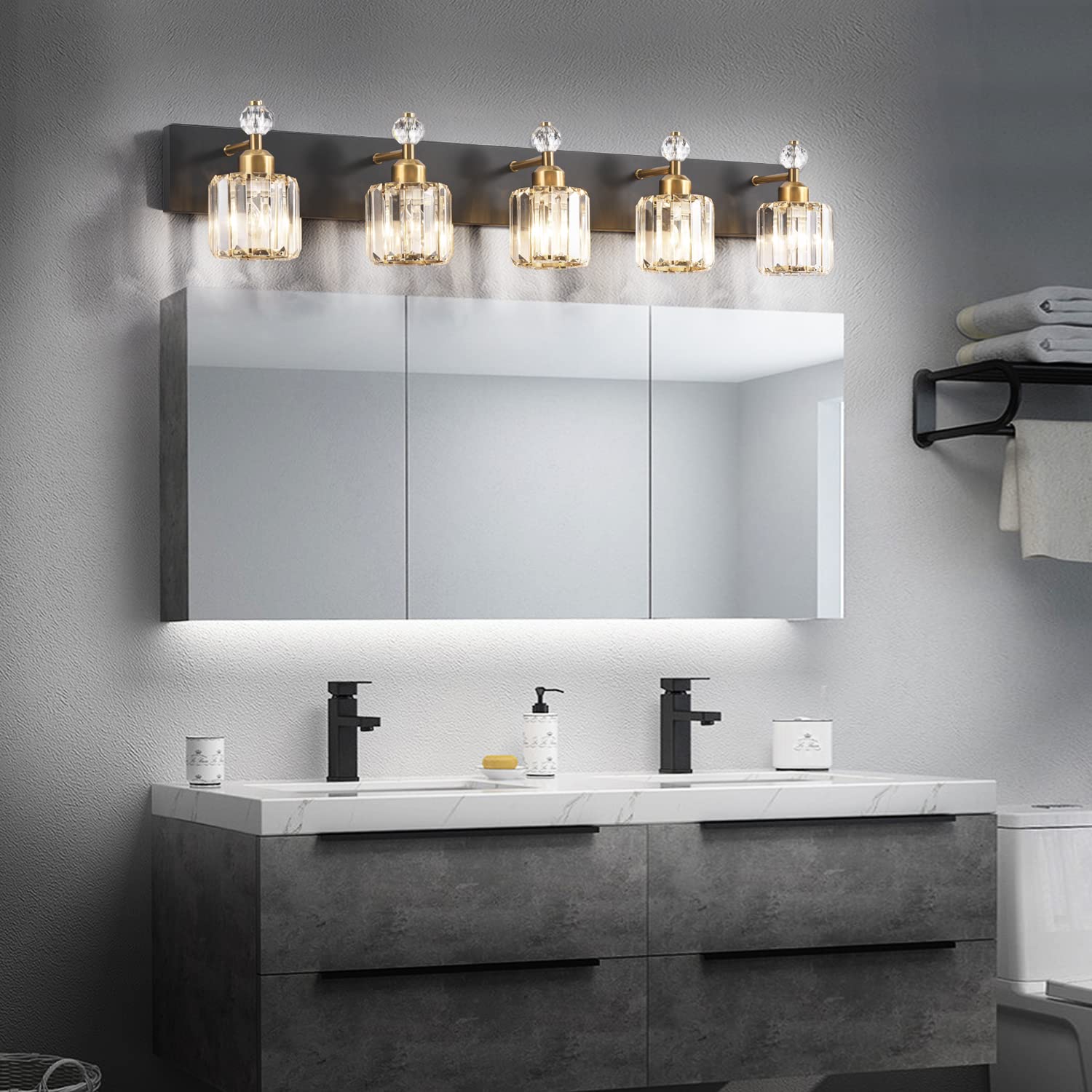 PRESDE Modern Black Crystal 5-Light Bathroom Vanity Light Fixture, Matte Black and Gold, Wall Sconce Over Mirror