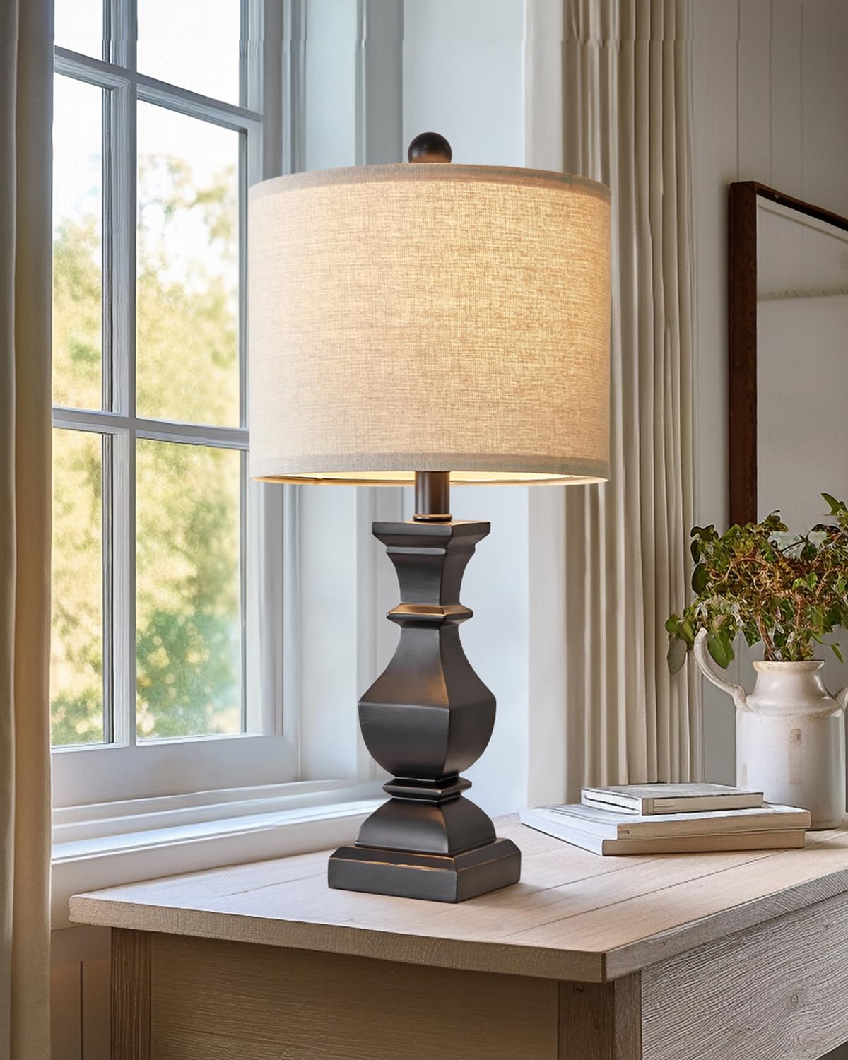 PoKat Bedside Table Lamp - Vintage Black, 20.5in  Round Linen Shade, Model AMZ-T1041BLK-1, Suitable for Small Spaces