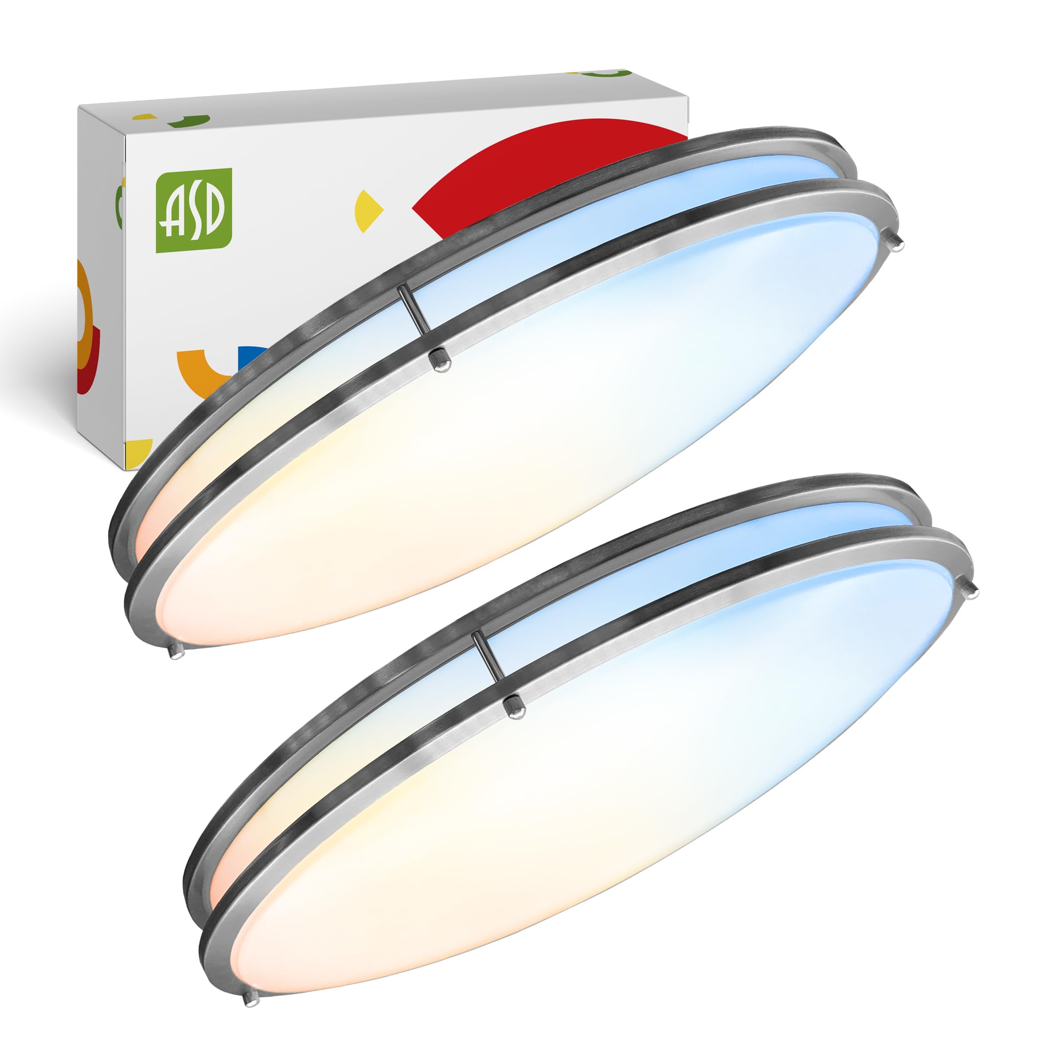 ASD LED Flush Mount Light Fixture, 24 Inch, 38W, Dimmable, ETL Listed, Brushed Nickel, 2 Pack, Model A-FMOV-24D38NK