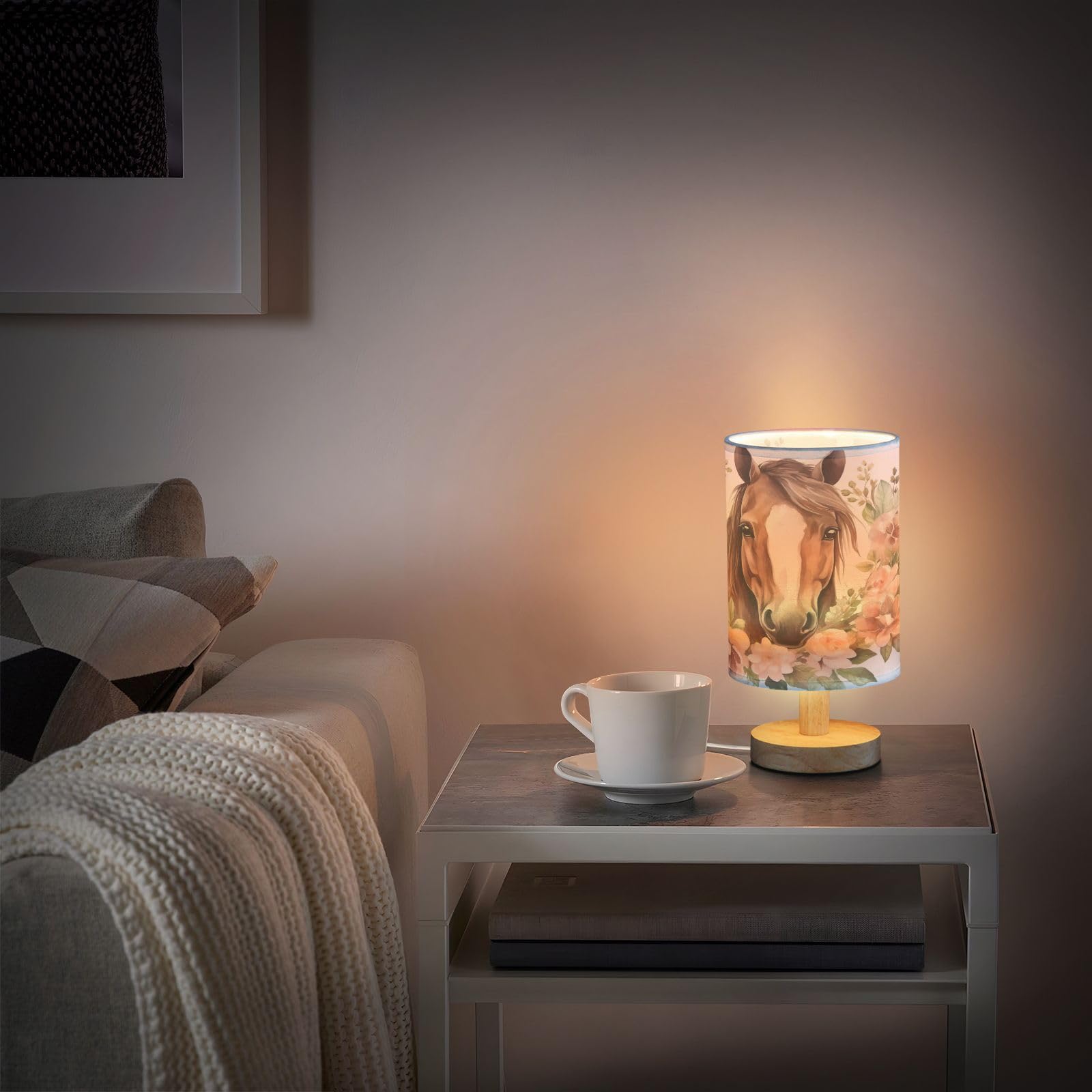 ALAZA Horse Flower Watercolor Lamp for Girls Boys Bedroom Bedside Table Lamp with USB Port LED Kids Nightstand Lamp Wood Base De