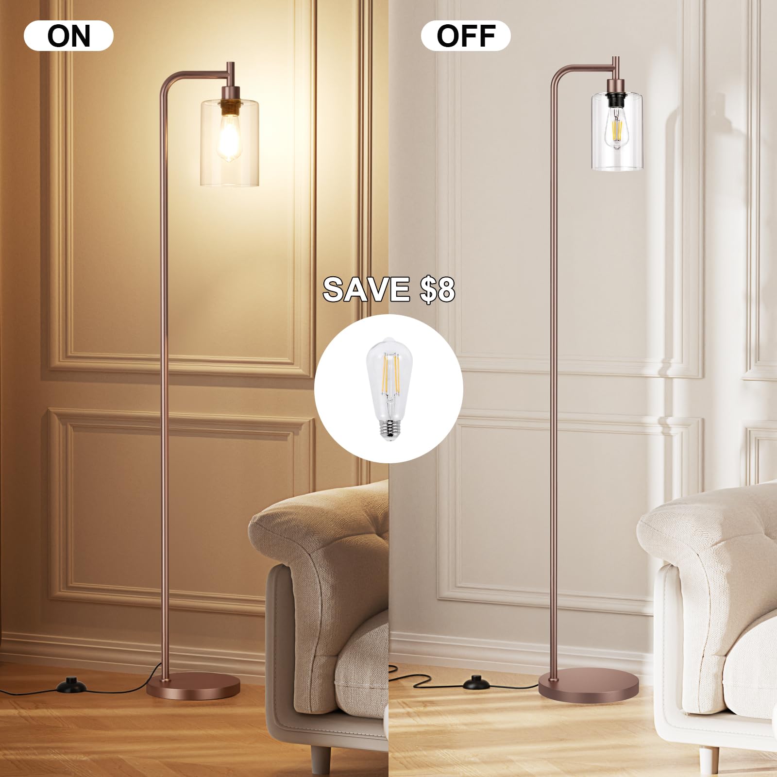 Ziisee Floor Lamps For Living Room - Industrial Standing Lamp With Glass Shade, Modern Floor Lamp With Led Bulbs, Farmhouse Floor Lamp For Bedroom, Tall Lamp For Office - Brown