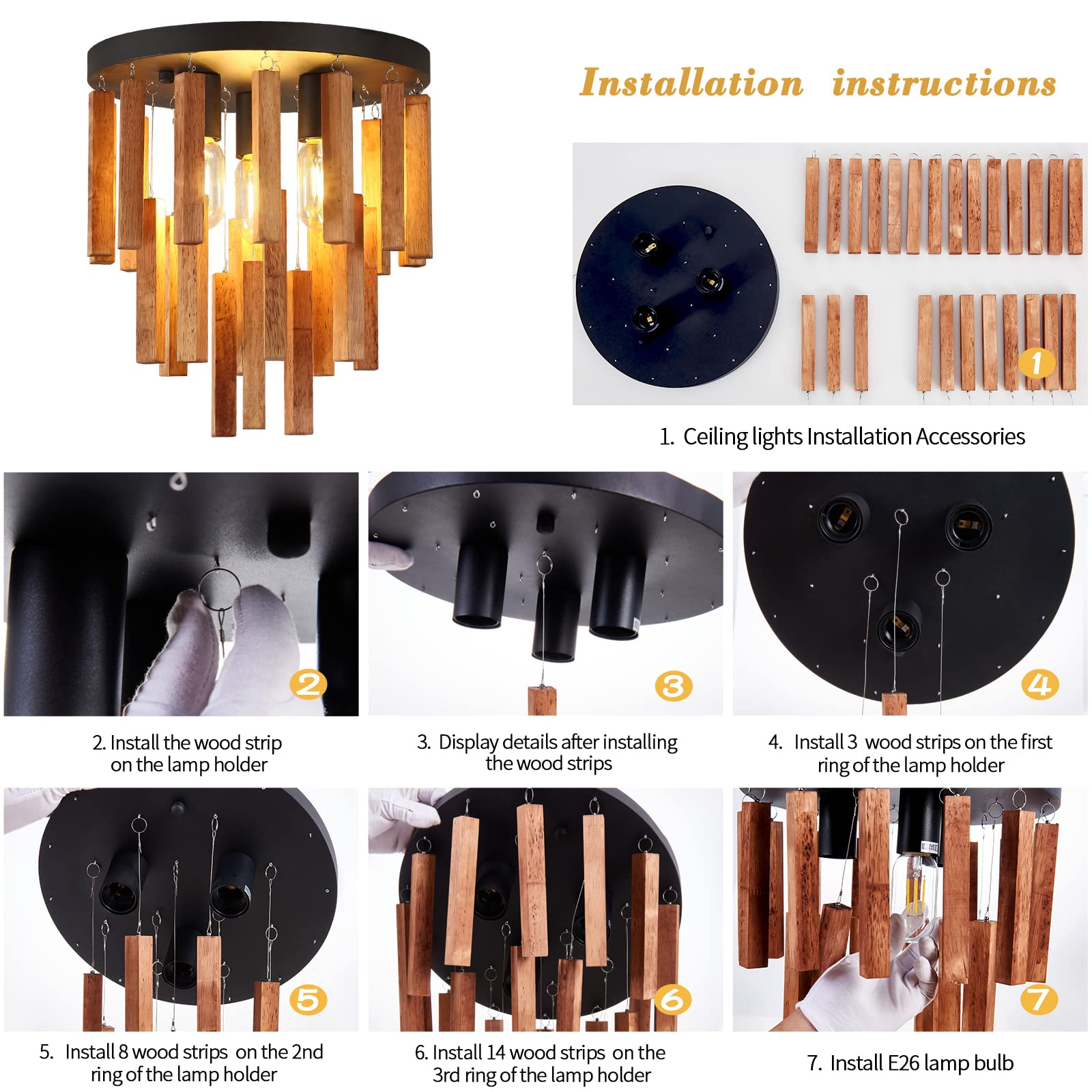 3-Light Semi Flush Mount Ceiling Lights Boho Wood Light Fixture Farmhouse Chandelier Oak And Black Ceiling Lighting With E26 For