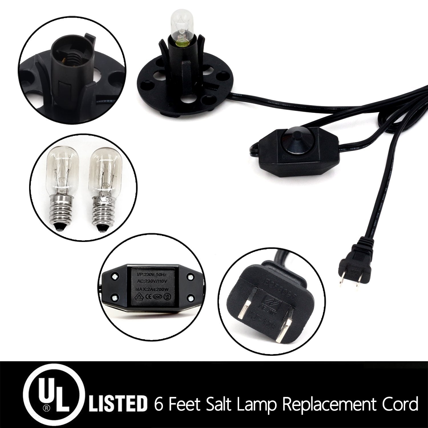Betus Himalayan Salt Lamp Power Cord with Dimmer Control, 6ft UL Listed, Includes 2 Free 15W Bulbs, Cord With Base