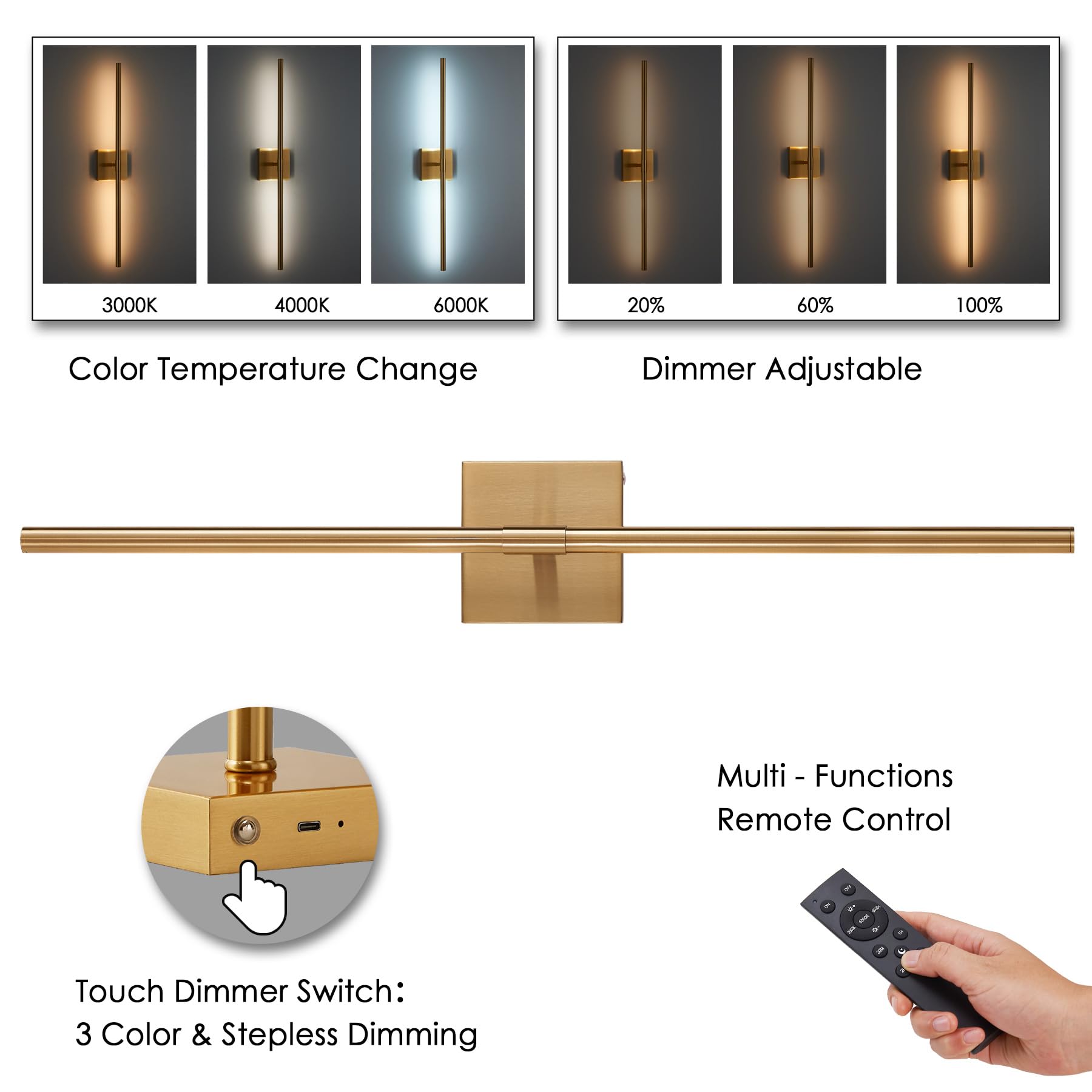 Battery Operated Gold Wall Sconces Set of 2, 30'' Wireless Rechargeable LED Wall Lamps with Remote Control, 3 Color Stepless Dim