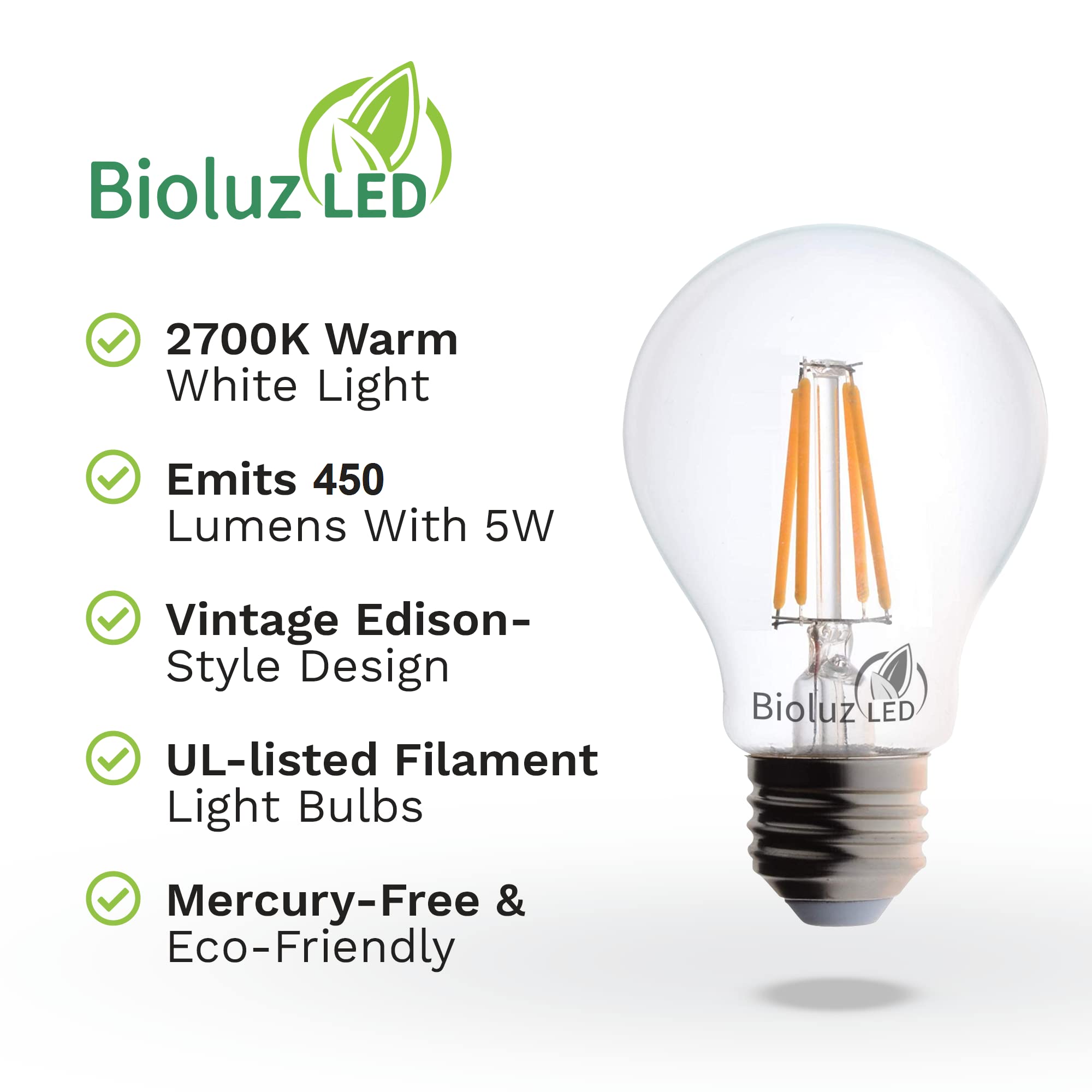 Bioluz Led 40W Dimmable Edison Light Bulbs, Warm White, Glass, 6-Pack, Ul Listed, Model Bfa19D-4Ww-6