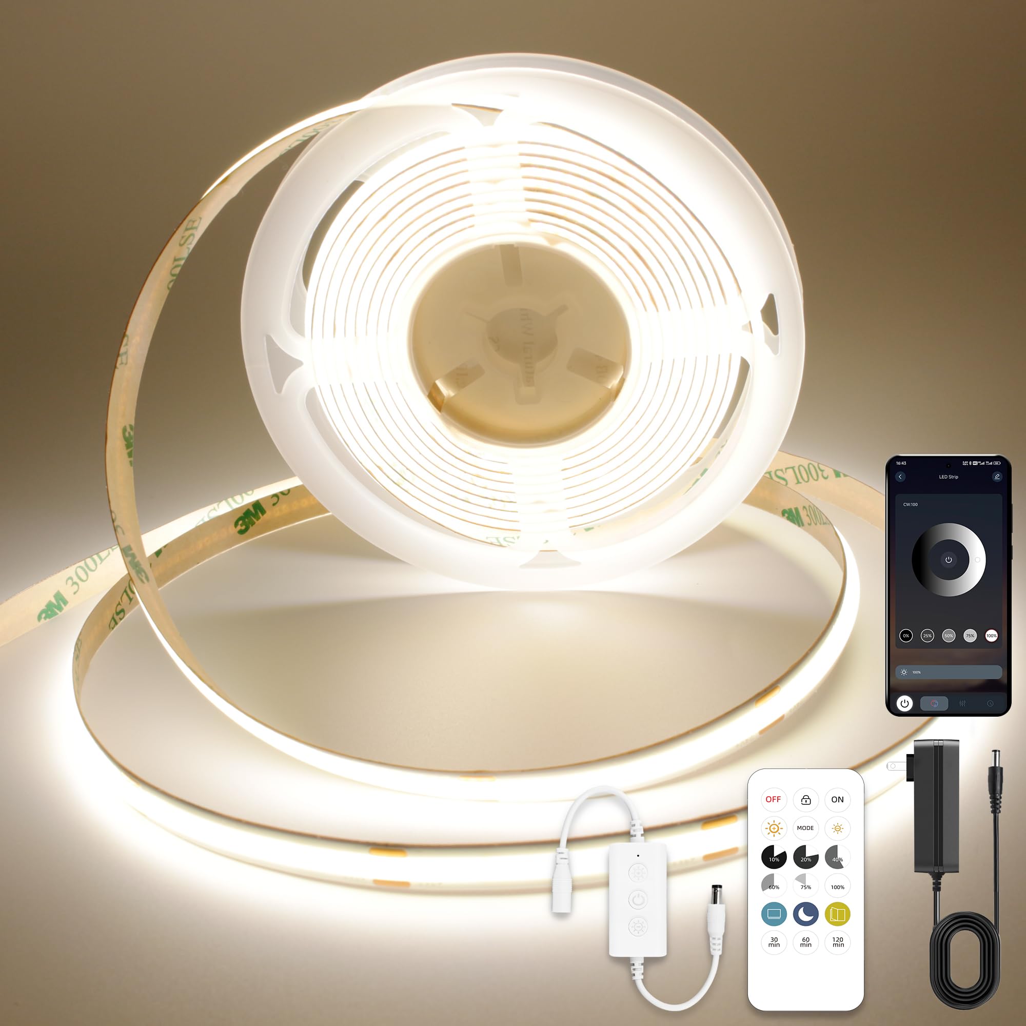 AXMOTUT COB LED Band Lights with Remote  24V 9.84ft Natural White Dimmable LED Light Bands  High Bright 4000K LED Lights with Power Supply for Room  Kitchen  DIY Home Decoration