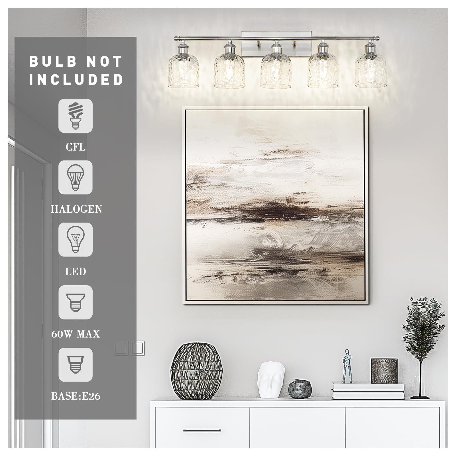 Zeyu Modern Brushed Nickel Bathroom Lights Fixture, 35 Inch 5 Light Vanity Lighting Over Mirror, Brushed Nickel Finish With Clea