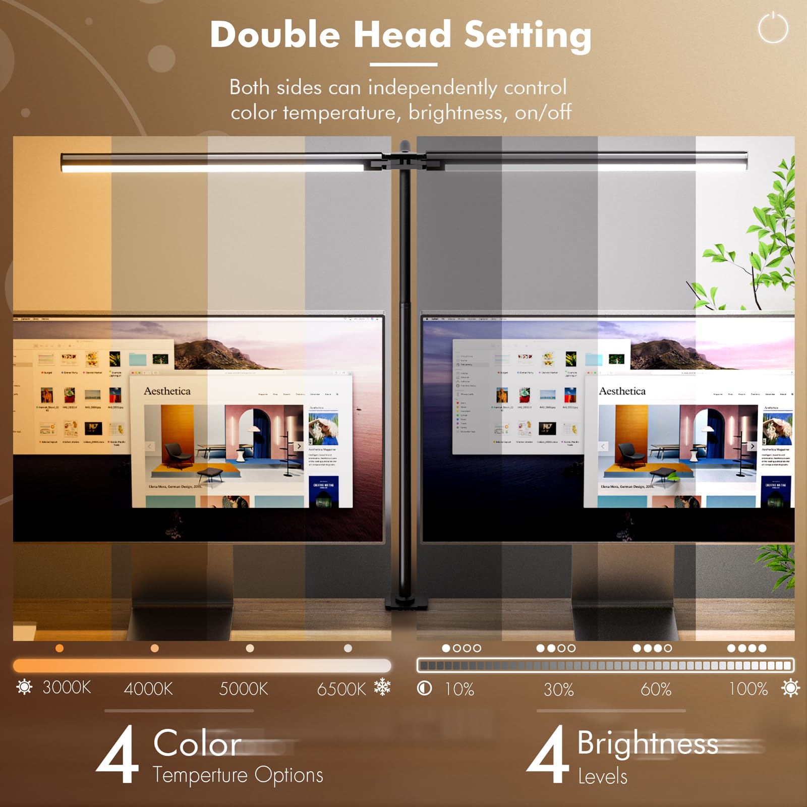 Quntis Double Head LED Tall Desk Lamp for Home Office, 31.5-inch Foldable Computer Desk Light with Clamp, Dimmable Dual Monitor