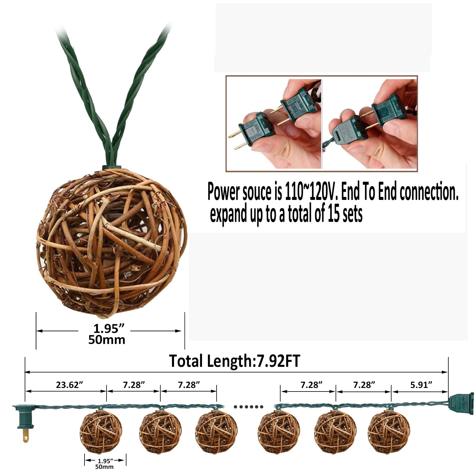 LIDORE Rattan String Lights, 10 Mini Globe Balls, 7.92ft Green Cord, Indoor Outdoor Use, Brown Rattan, Model LD-TAOKE-10L
