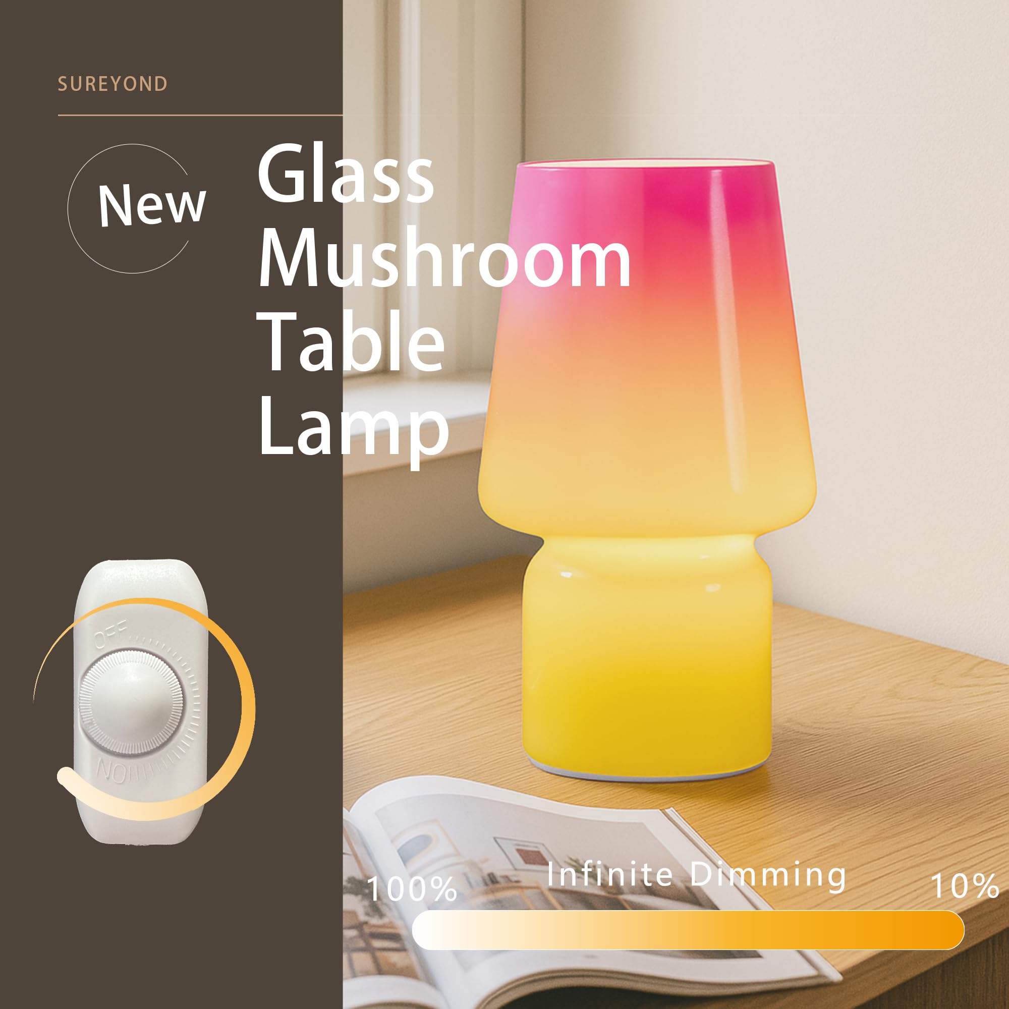 Sureyond Mushroom Lamp MotherS Day Gifts Small Table Lamp Cute Nightstand Kitchen Mini Lamp Glass Table Lamp Suitable For Bedrooms  Kitchens  Living Rooms  Bedside  Girl Gifts(Pink Gradient)