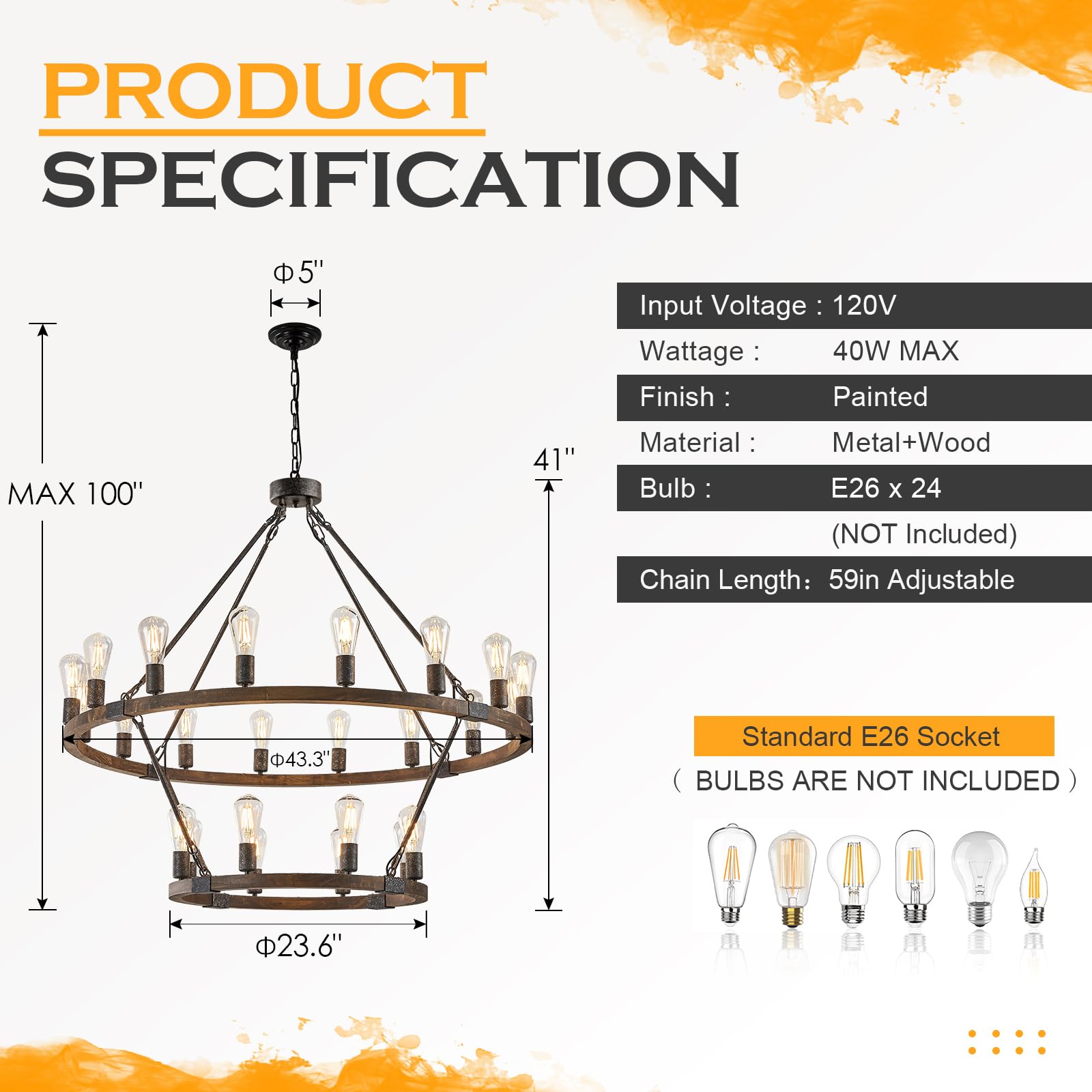 Benkut 2 Tier Wooden Wagon Wheel Chandelier, 43" Rustic Farmhouse Pendant Light, 24-Light, Walnut Finish
