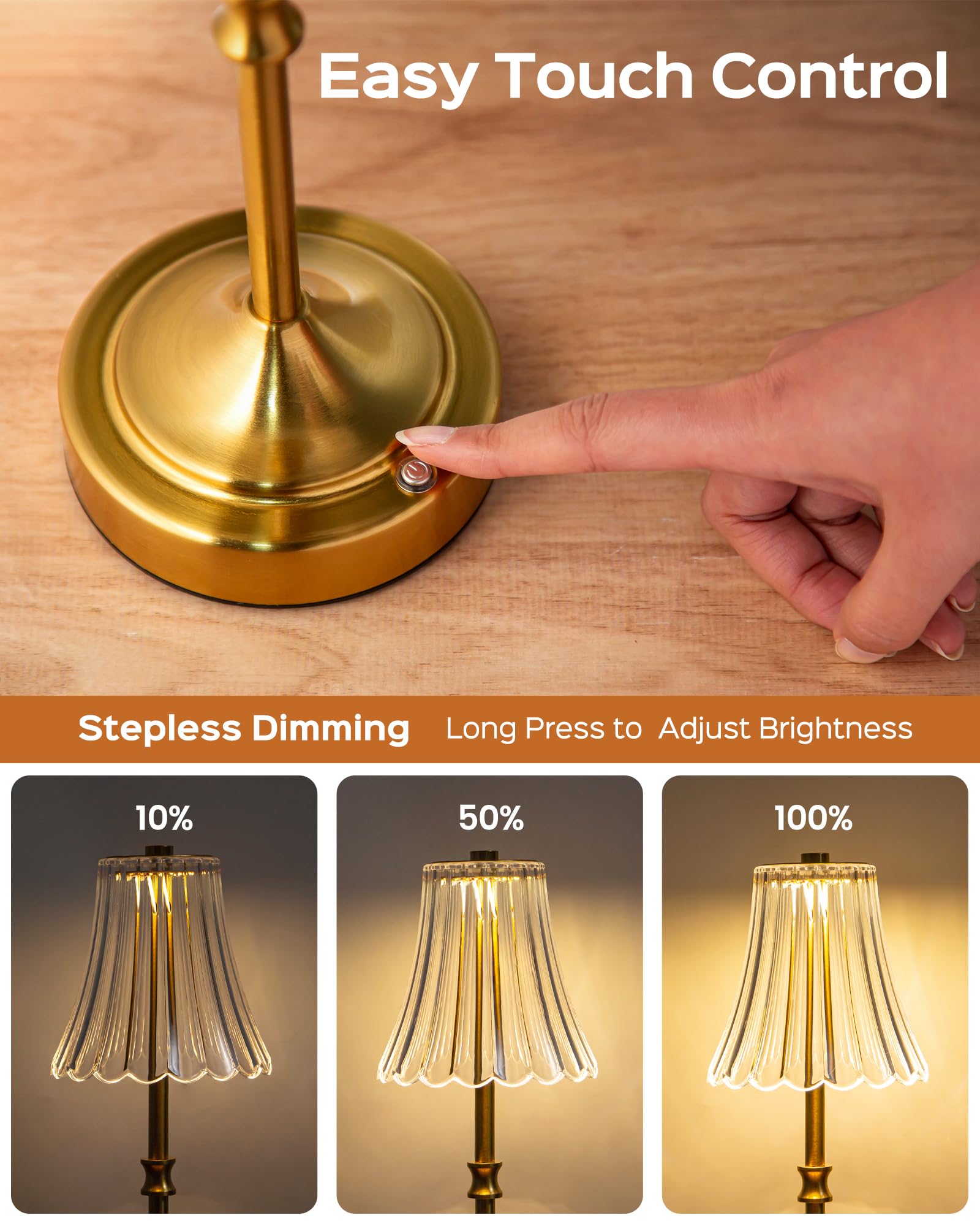 Jackyled Vintage Cordless Table Lamp, Acrylic Crystal Flower Lamp Shade, 3 Colors Dimmable Led Golden Lamp, 5400Mah Battery Oper