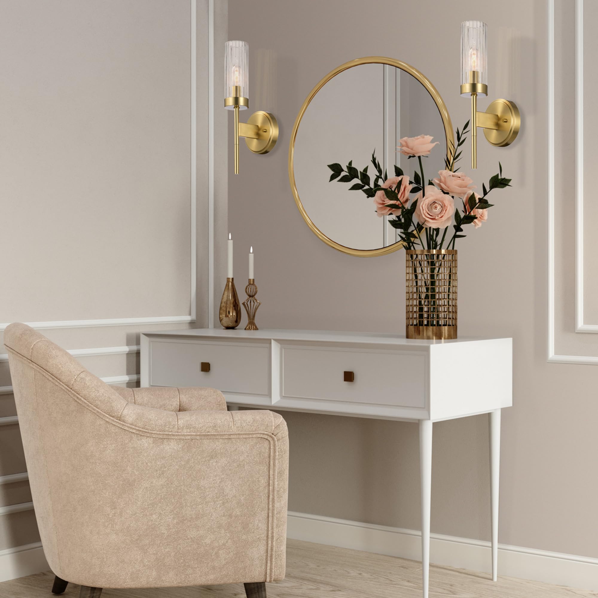 Globe Electric 65000103 1-Light Wall Sconce, Matte Brass, Ribbed Clear Glass Shade, Modern Wall Lights For Living Room, Bedroom,