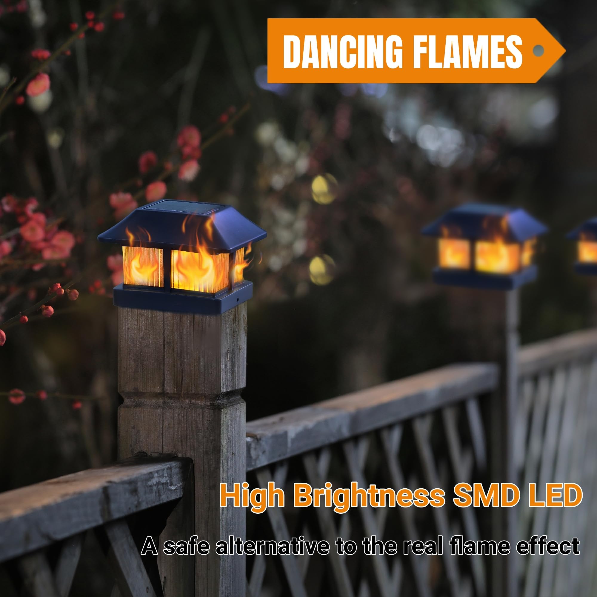Dynaming Solar Flame Post Cap Lights - Waterproof Flickering LED Lanterns for 4x4, 5x5, 6x6 Posts, 6 Pack, Black