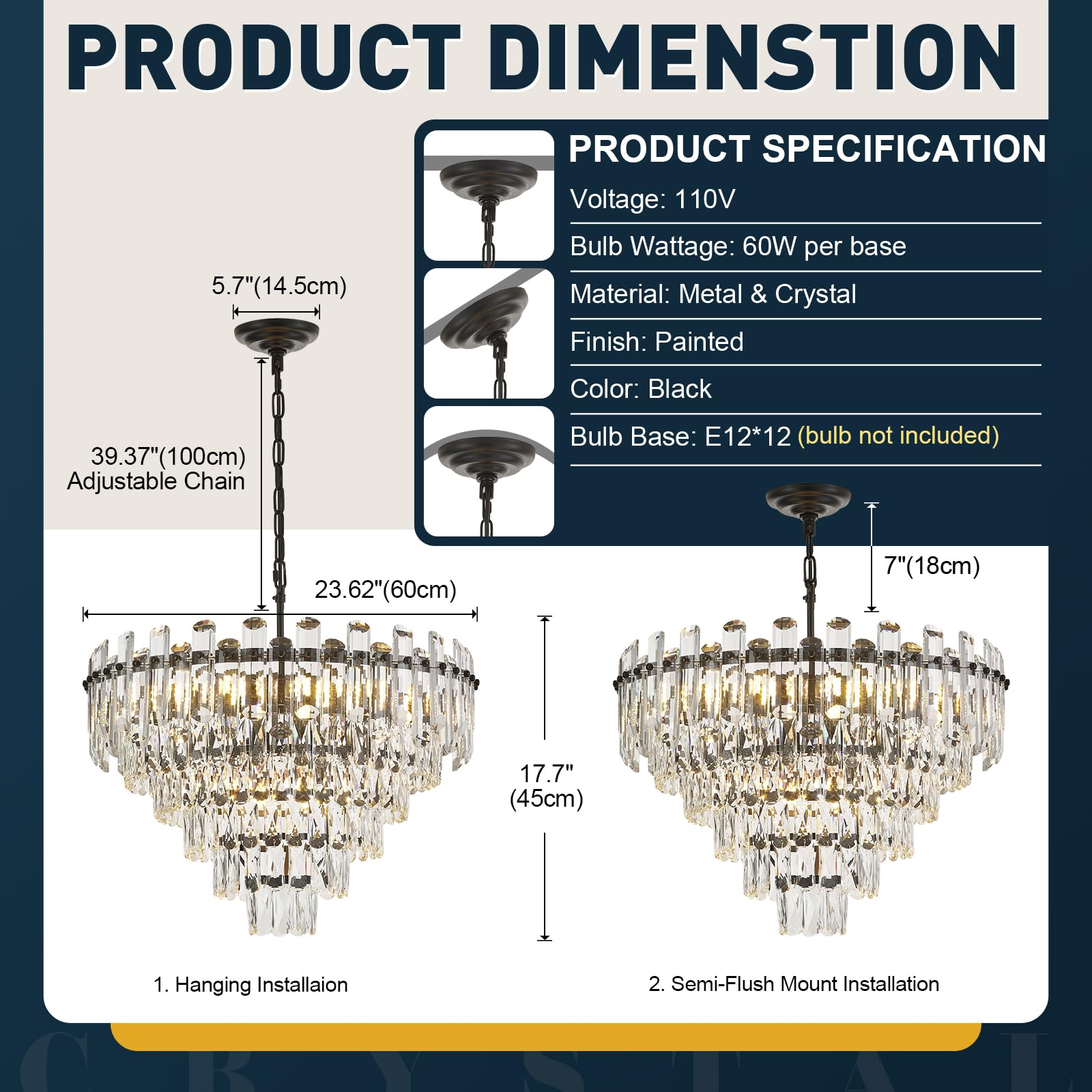 Brfaixla 6-Tiers Modern Crystal Chandelier Black 12-Light 23.6 Contemporary Round Pendant Chandeliers Light stylish Ceiling Hanging Lighting For Living Dining Room Bedroom Kitchen Island Foyer