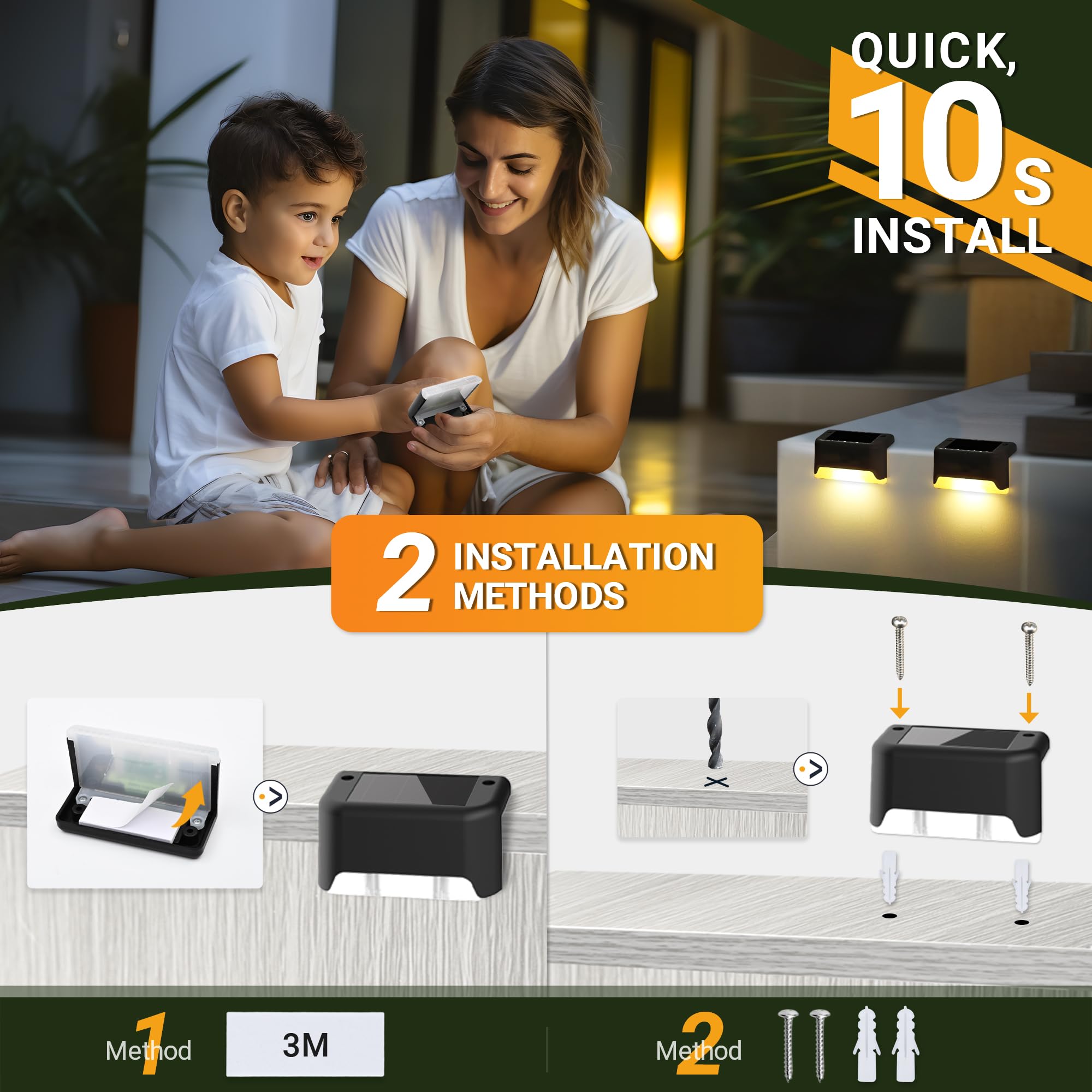 PATIOWIN Solar Deck Lights, Waterproof LED Step Lights, 12 Pack, Warm White, Black, Model 8716