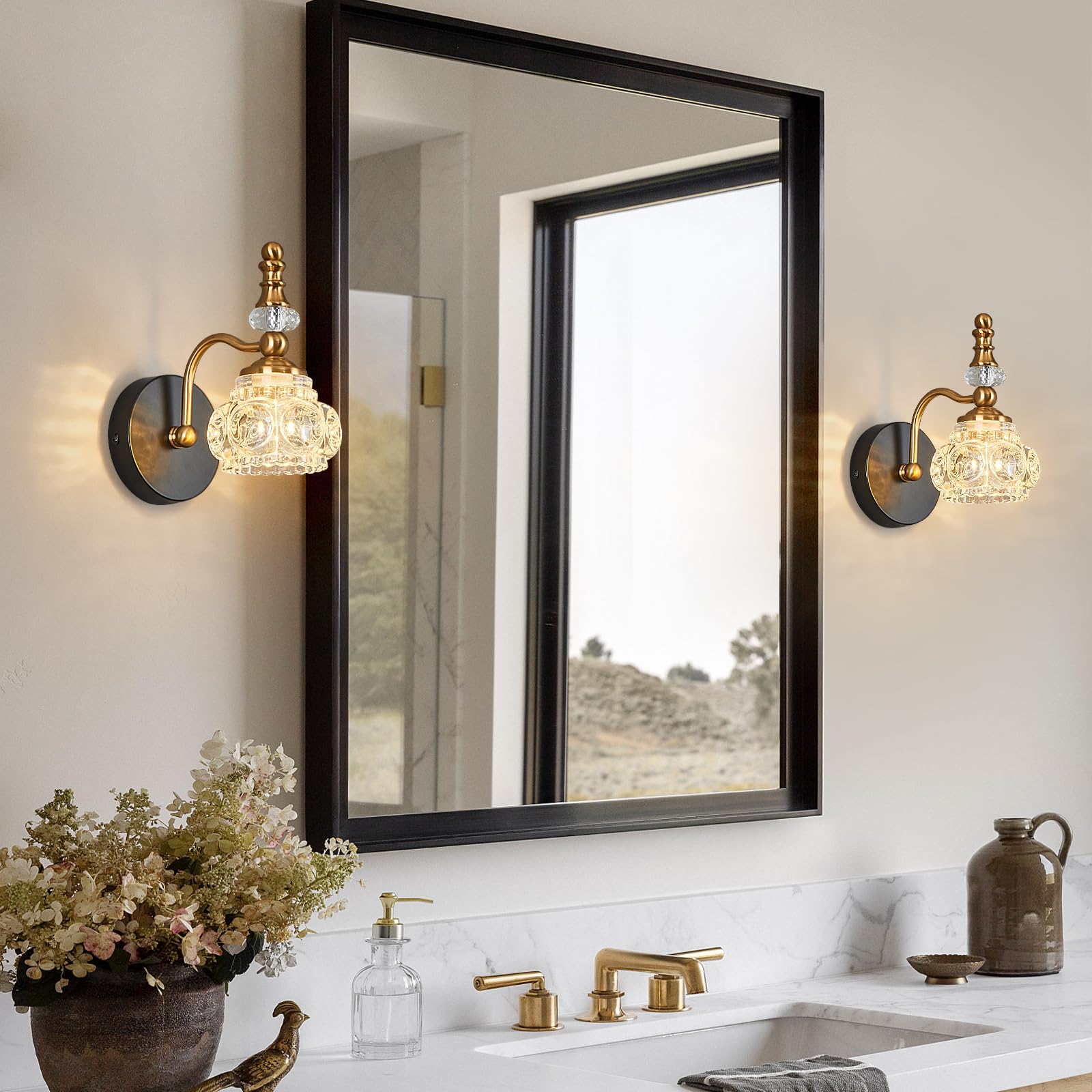 Lbsqj Modern Wall Sconces Set Of Two Black Gold Vintage Indoor Glass Wall Lamp Bathroom Vanity Light Fixture Wall Mounted Room Sconce Wall Lighting