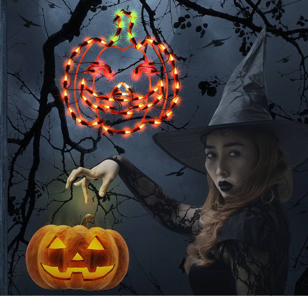 Justpro 13.3" Lighted Jack-O-Lantern Halloween Window Silhouette Decoration,Halloween Lighted Window Decoration,Hanging Light Up Holiday Ornament( Pumpkin Light)