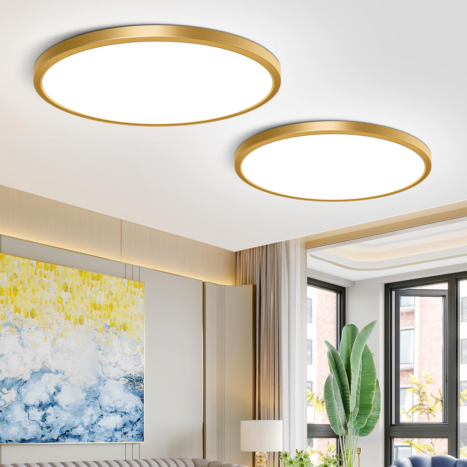 2 Pack 12Inch Gold LED Ceiling Light Fixture Flush Mount  24W(240W Equivalent)  3200LM  5000K Daylight White  IP40  Flat Modern Round Ceiling Light for Bedrooms  Living Rooms  Bathrooms  Kitchens  etc