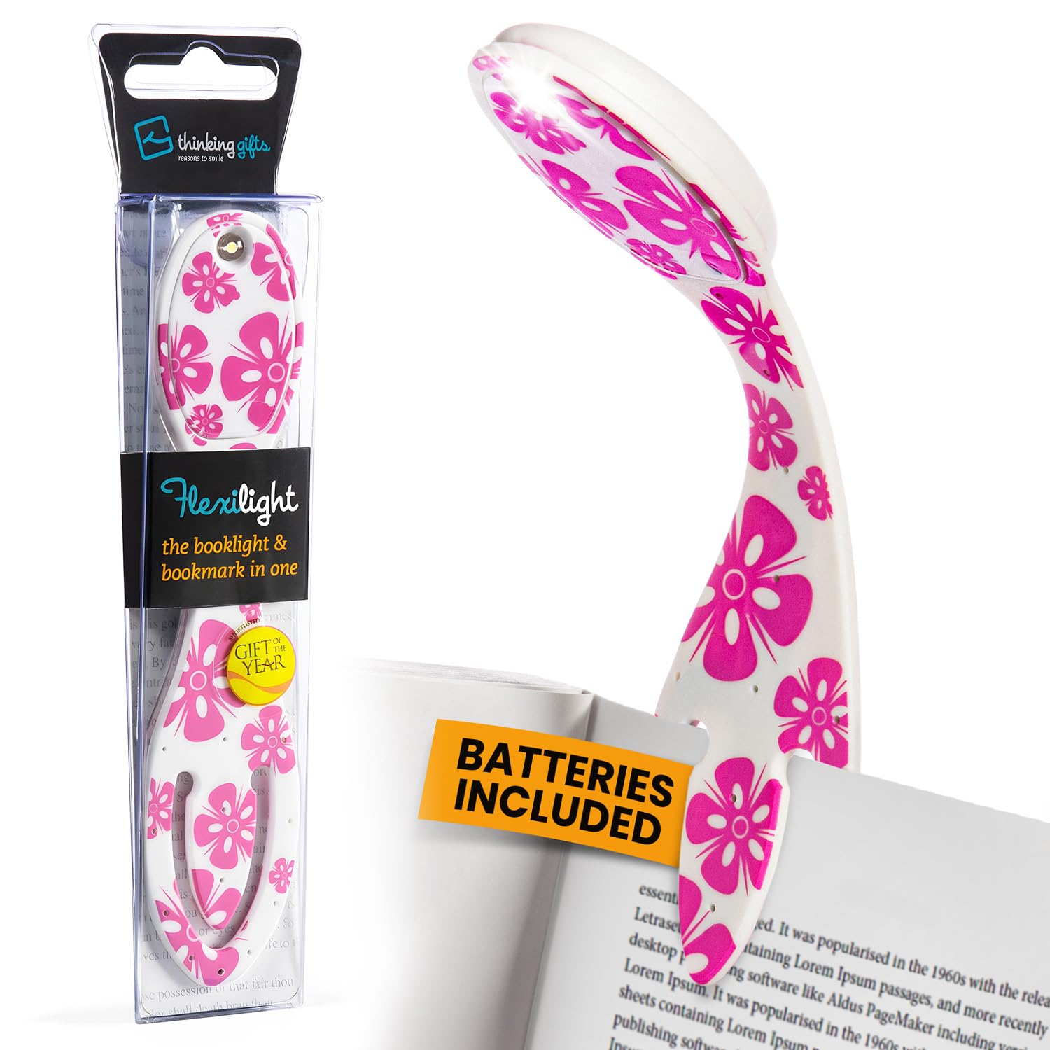 Gifts for Readers & Writers Flexilight Bookmark Book Light - LED, Battery Operated, Pink Flowers, Model 2