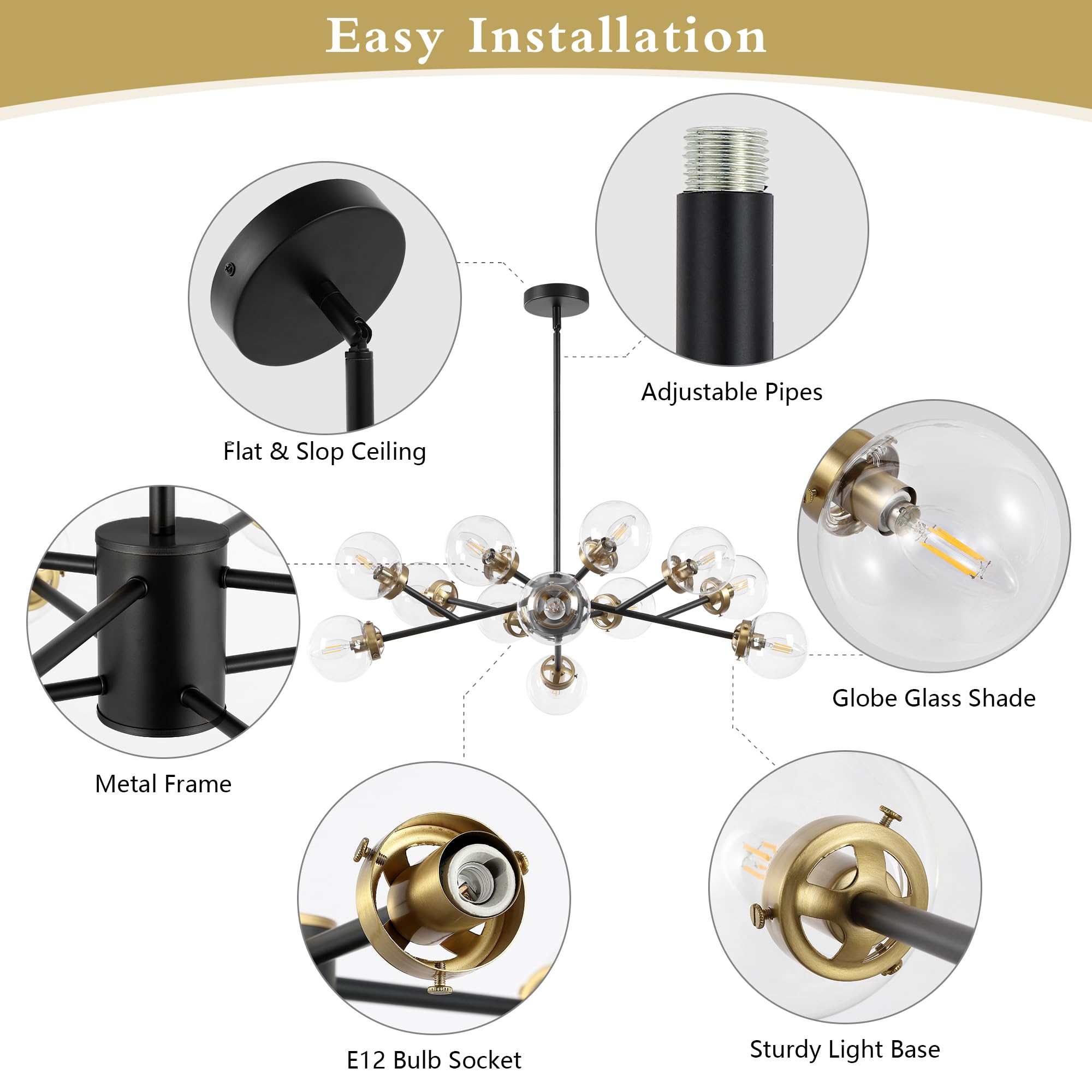 Wingbo 12-Light Sputnik Chandelier, Modern Pendant Light Fixture With 4.7" Clear Glass Globe Shade For Flat And Slop Ceiling, Height Adjustable For Kitchen Living Room Dining Room Bedroom, Black