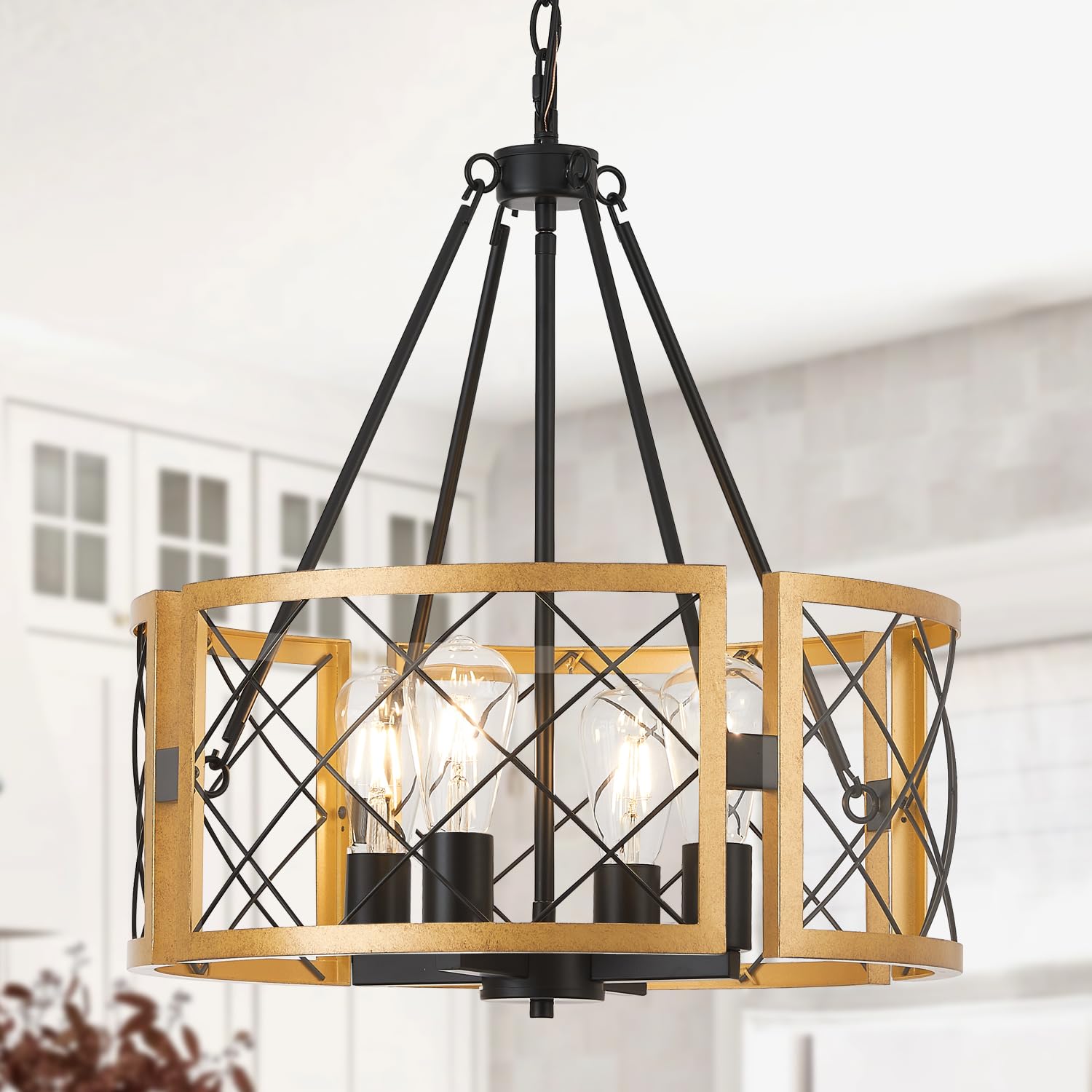Santostock D19'' Modern Farmhouse Chandelier, 4-Light Dining Room Light Fixture Black & Gold Kitchen Island Lighting Pendant Lig