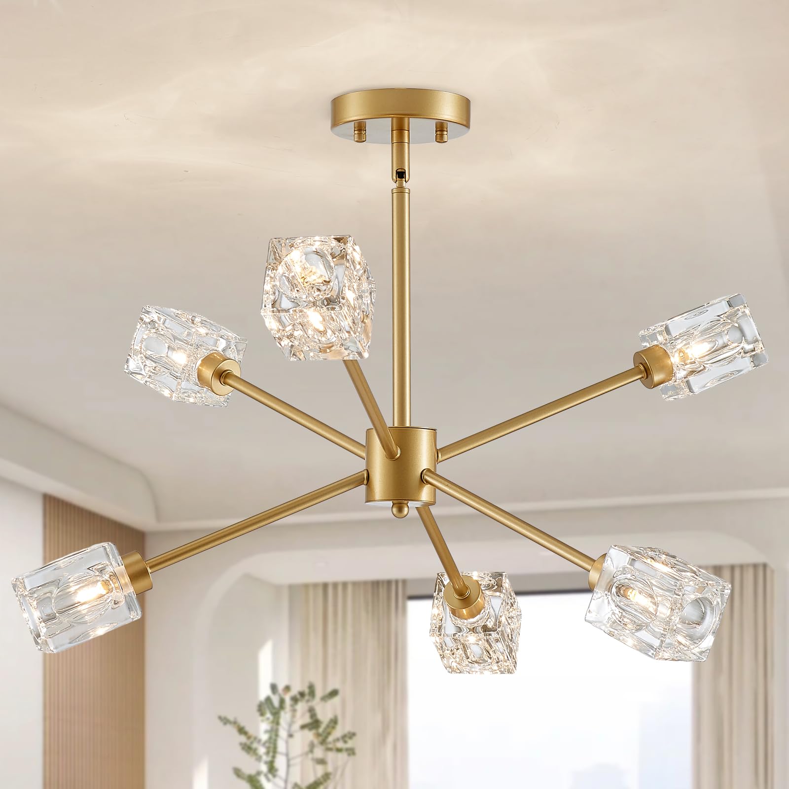 Xingqi Gold Ceiling Light 25.2'' Sputnik 6-Light Modern Glass Chandelier Unique Ceiling Lighting For Dining Room Bedroom Entrywa