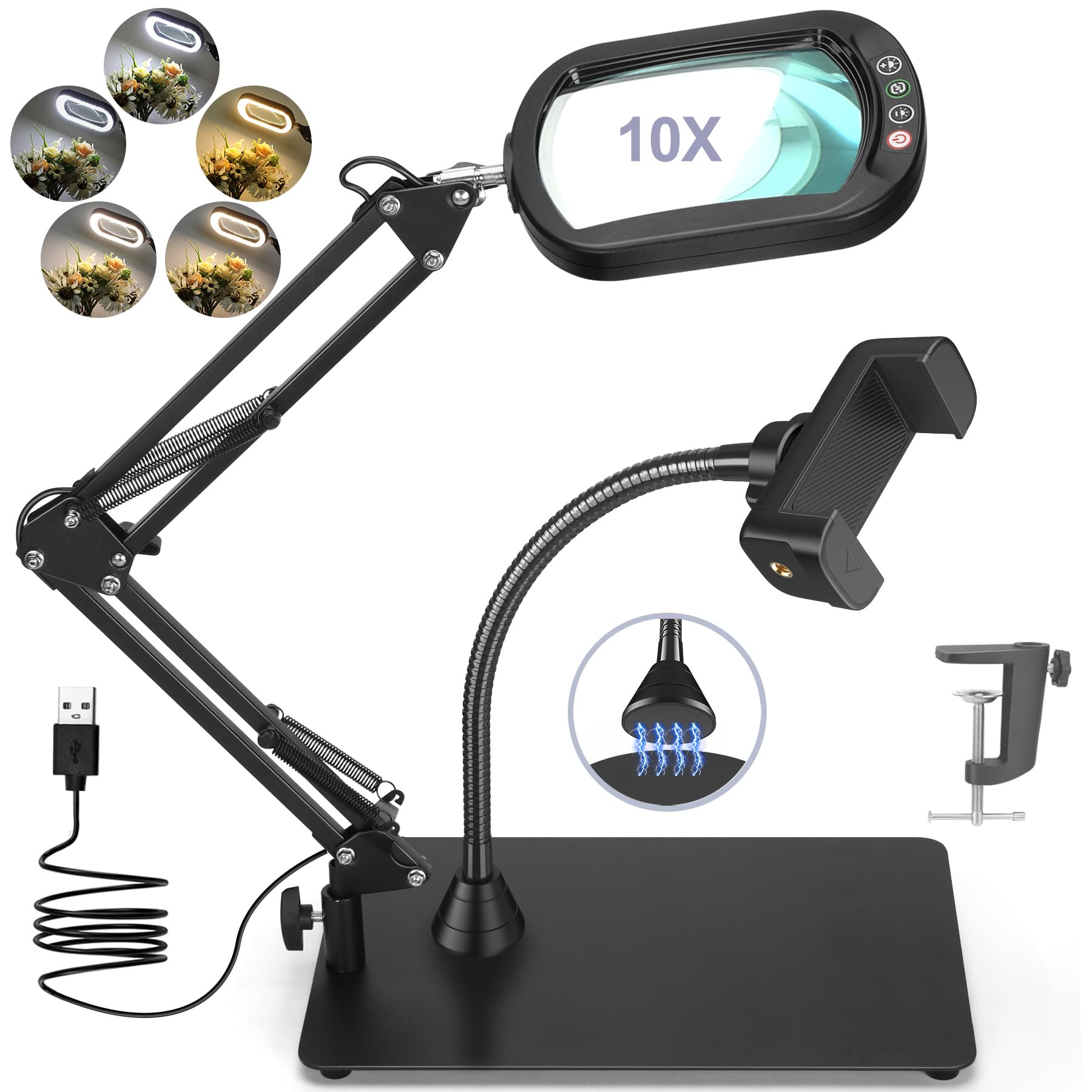 10X Square Magnifying Glass with Light and Stand  Real Glass LED Lighted Magnifier and Phone Holder  5 Color Modes Stepless Dimmable  Hands-Free Desk Lamp for Craft Hobby Close Work Black and Holder