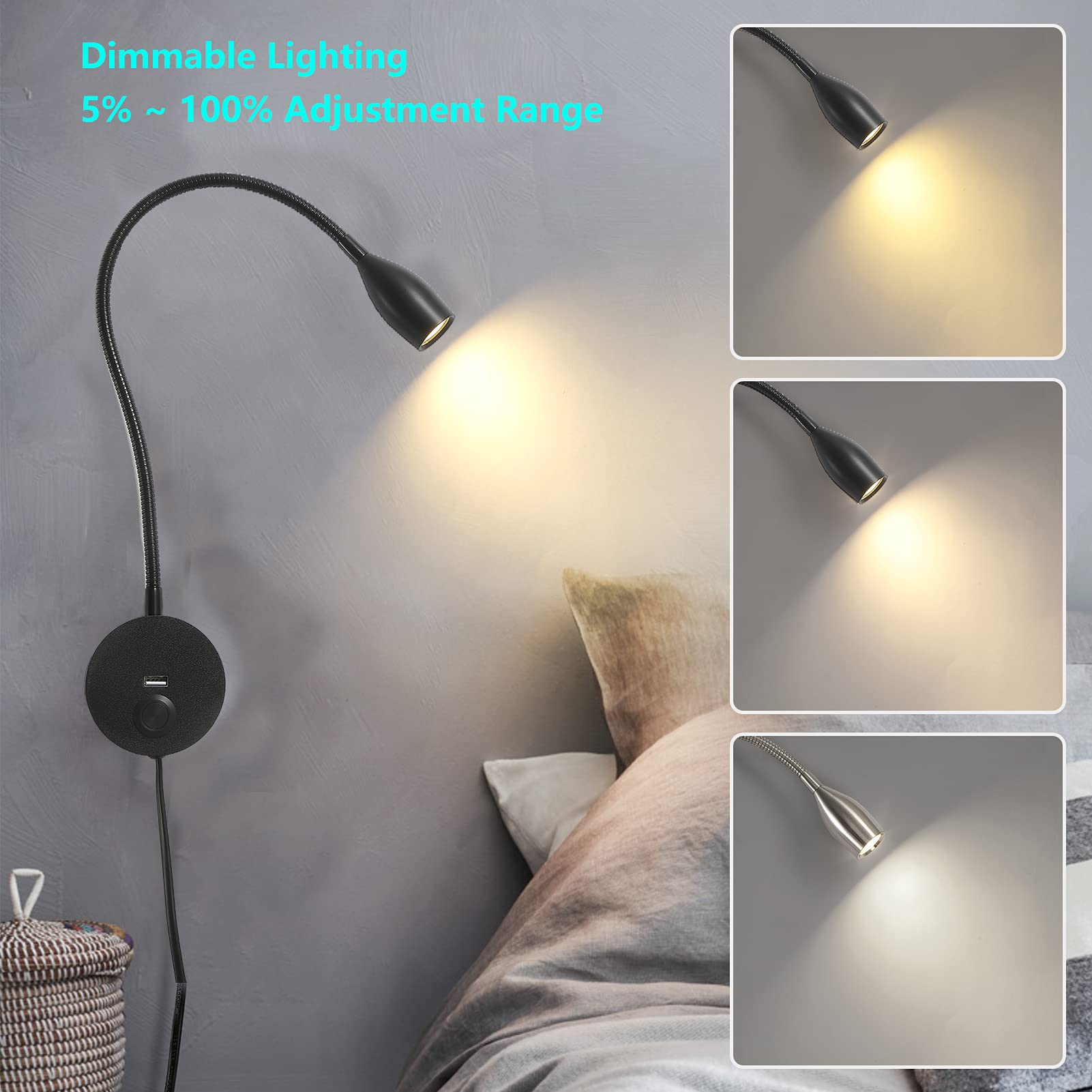 Crisetek Reading Light Wall Mounted Reading Light Headboard Touch Switch Dimmable Reading Lamp Task Directional Led Gooseneck Light Ac (120V) Powered 3W (Matte Black, Warm White)
