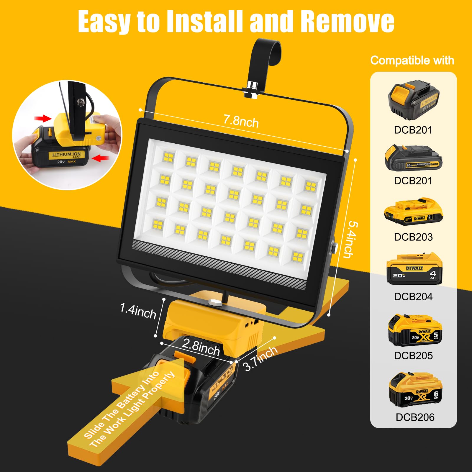 T-SUNiceM Cordless LED Work Light, 100W 7000LM, Aluminum, Yellow, Model TS-F0470-60-DW, USB & Type-C Charging, 140