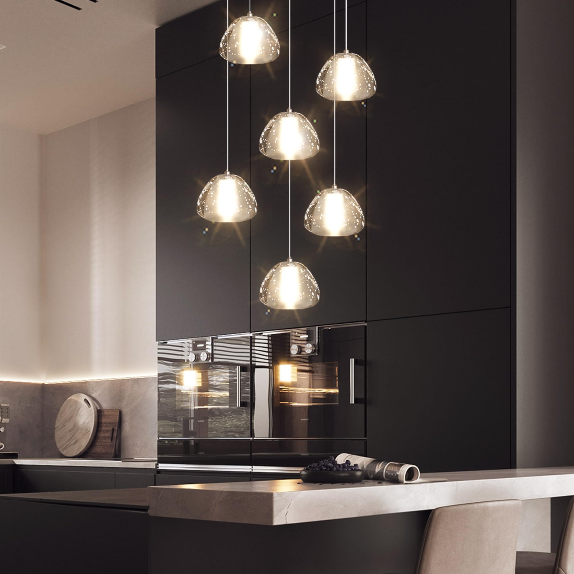 dolria 6-Lights Round Crystal Pendant Lighting, Modern Silver Chandelier for Dining Room, Bedroom, Foyer, Model PC0010, 3000K