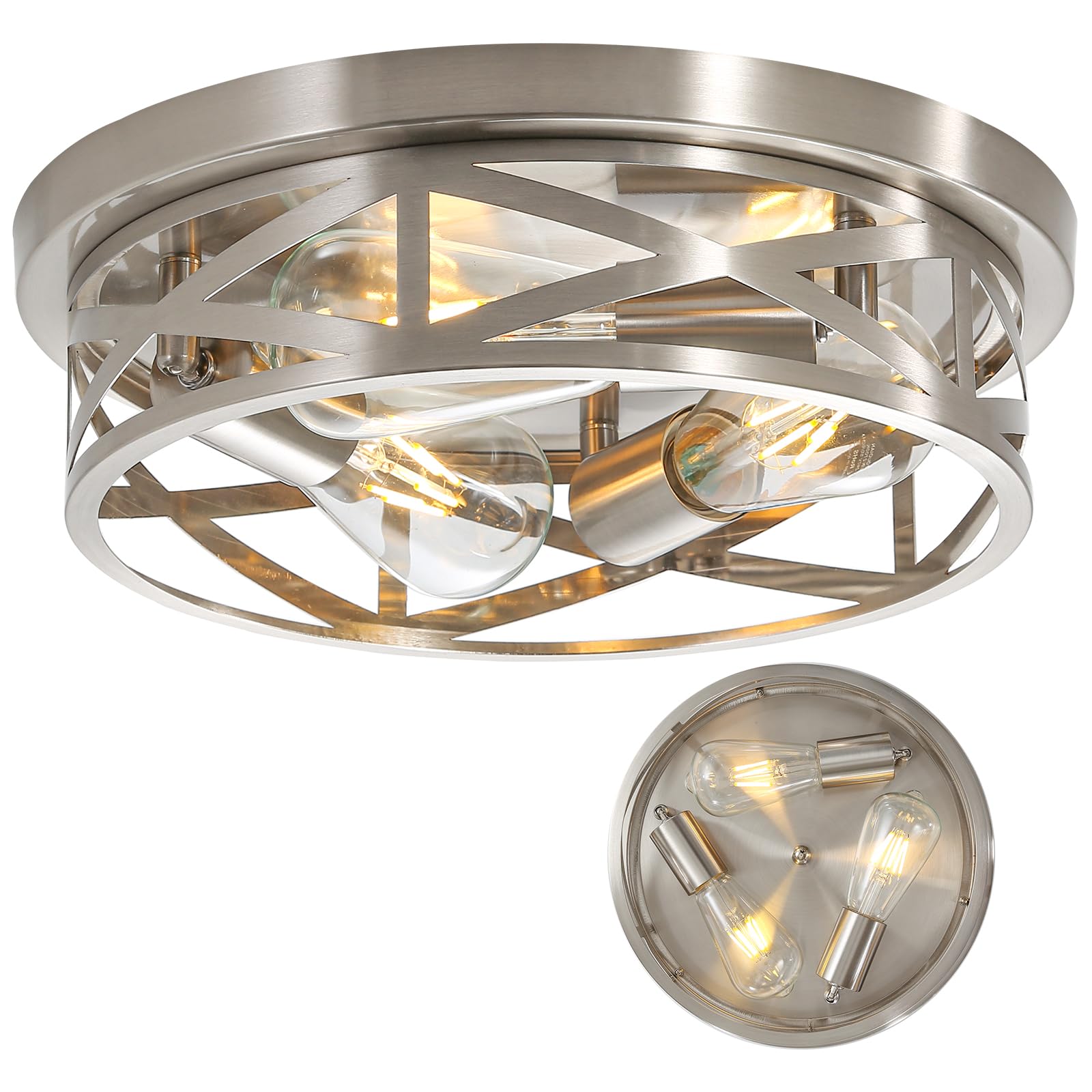 13 inch Brushed Nickel Flush Mount Ceiling Light Fixtures,3-Light Industrial Farmhouse Ceiling Light Fixture,Brushed Nickel Ligh