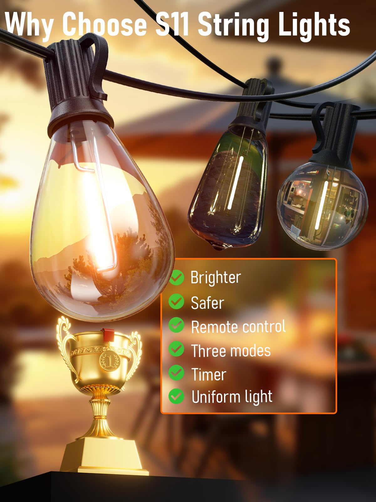 luckystyle 100FT LED Outdoor String Lights, 35 Shatterproof Bulbs, Waterproof, Dimmable, Warm Yellow 2200K, Model S11