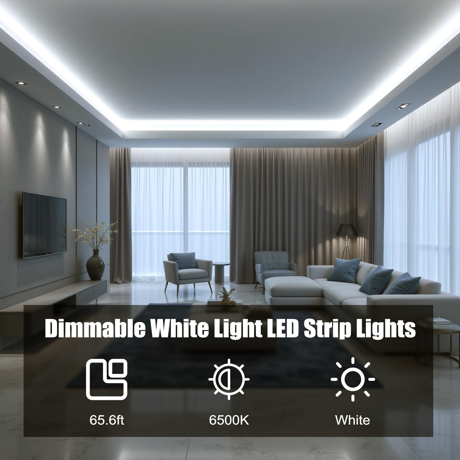MYPLUS Dimmable LED Strip Lights, 65.6FT Cold White, 1200 LEDs, UL Listed Power Supply, Flexible Under Cabinet Lighting