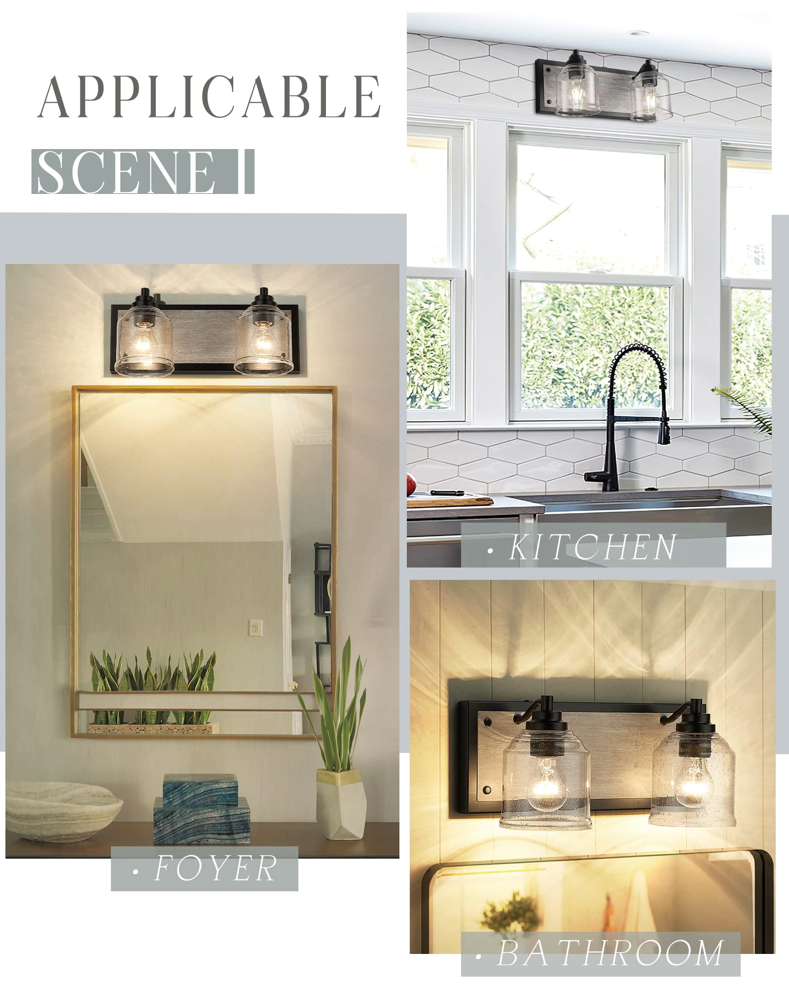 YKLITG Vanity Lights 2-Light Farmhouse Rustic Bathroom Fixture 15.8in Gray Metal Bubble Glass Shades Model BD005-2-BK