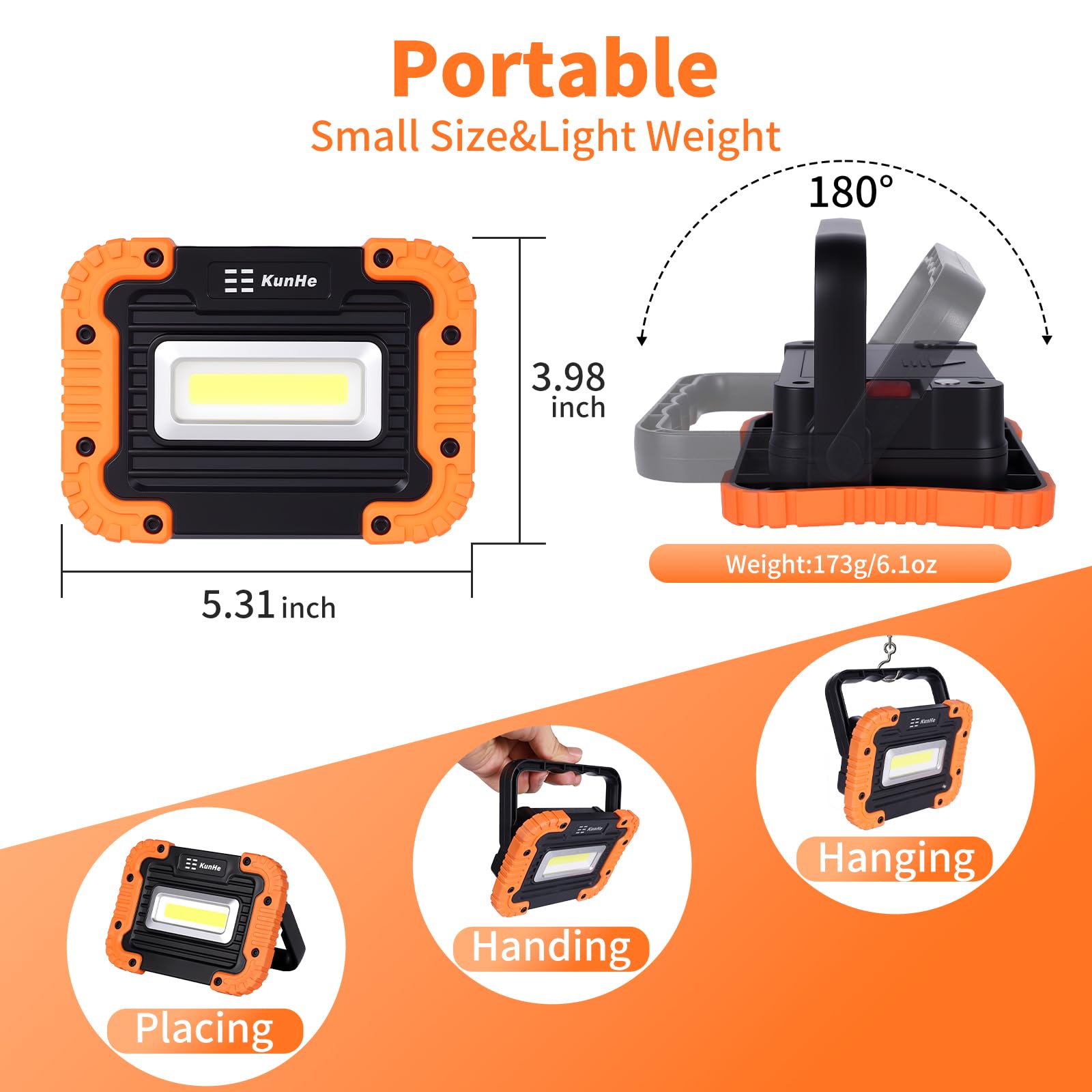 KunHe 500 Lumen Battery Powered Magnetic Work Light, IPX4 Waterproof, 180° Rotating Bracket, 4 Pack, Black and Orange, Model W8-4