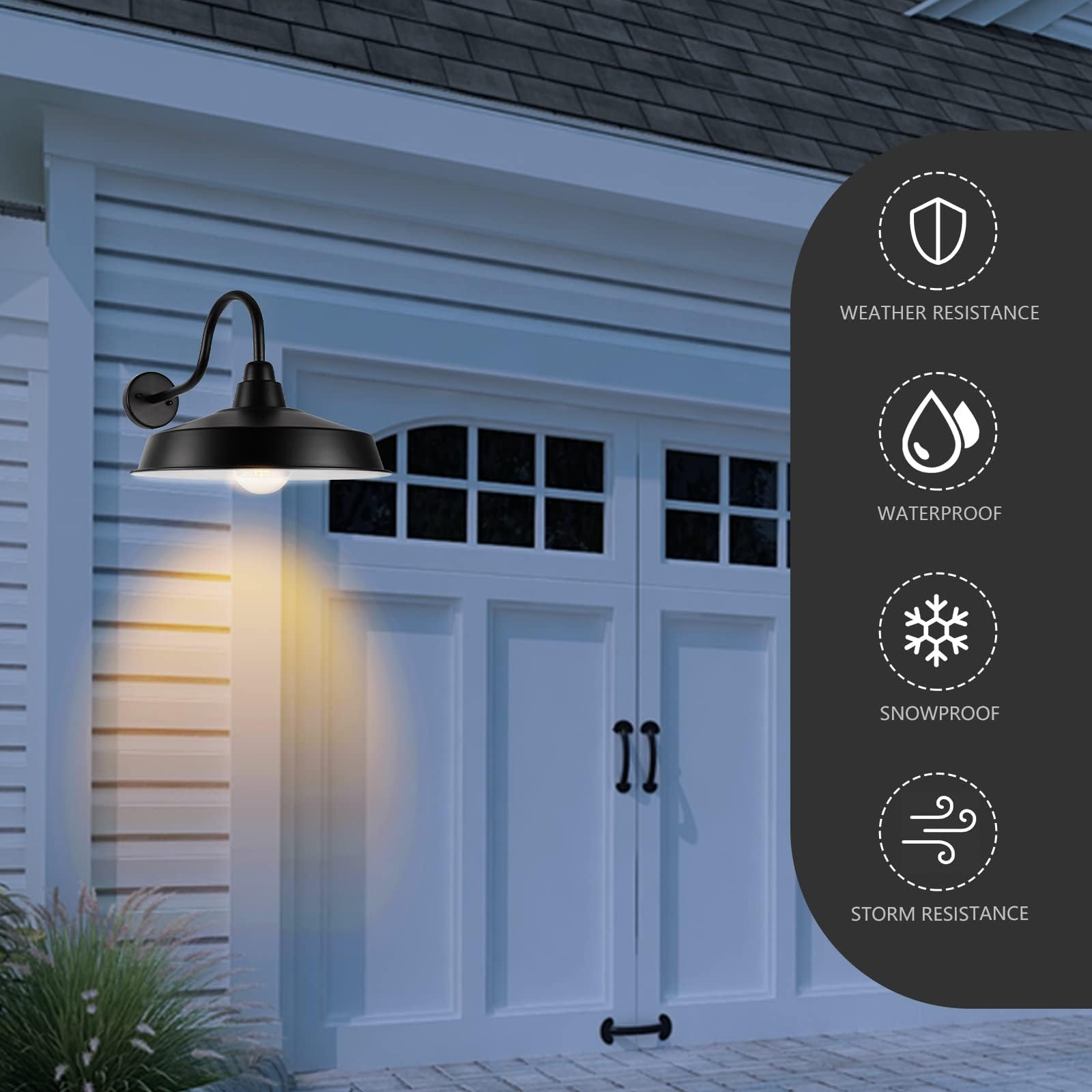 Diyel Dusk To Dawn Gooseneck Barn Lights Outdoor, 16 Inch Dome Large Farmhouse Exterior Light Fixture Wall Mount, Industrial Outdoor Wall Sconce Outside For House, Shop, Porch, Garage,Ddrz020 Bk-4Pack