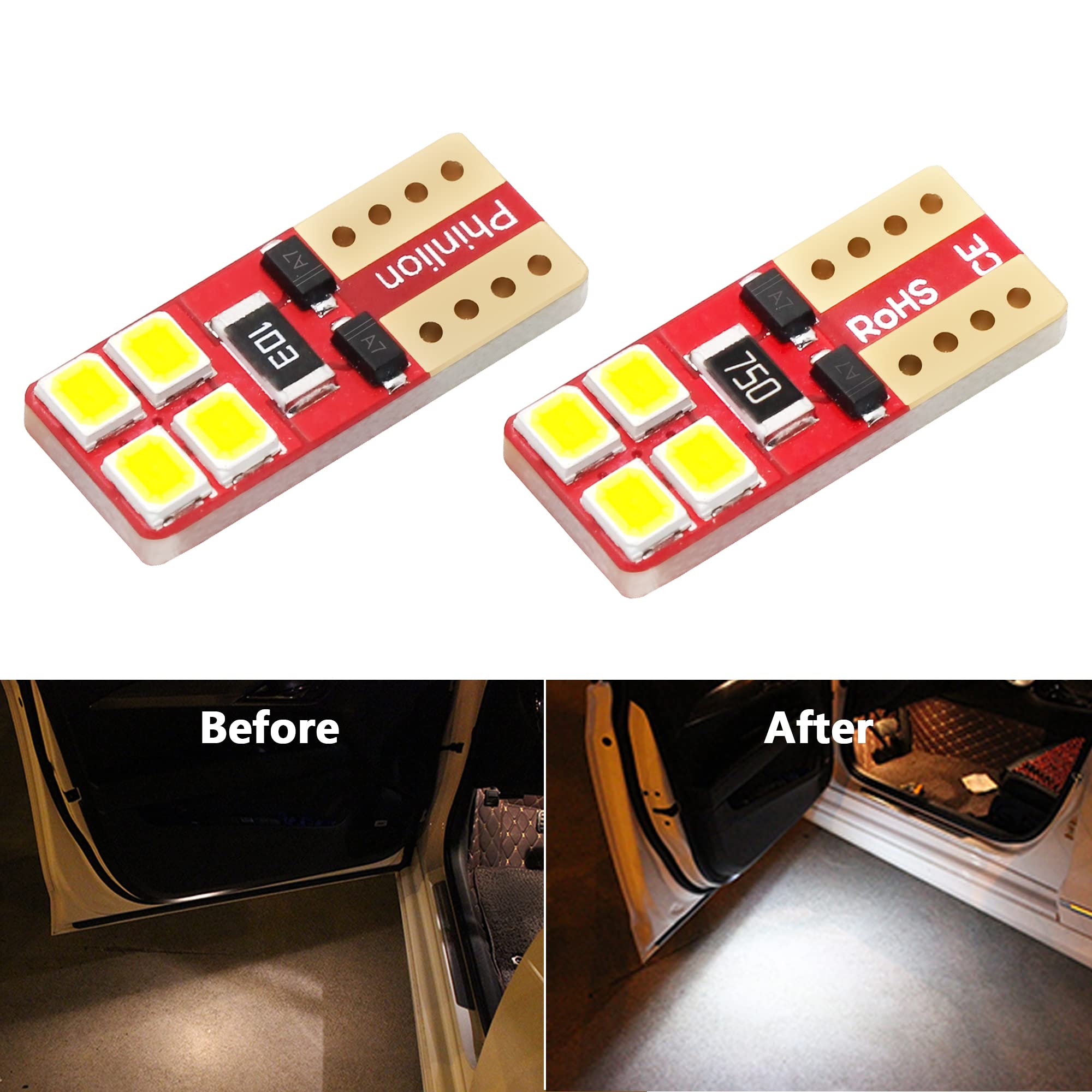 PHINLION LED Light Bulb 6000K White, 8-SMD Chipsets, T10-2835-4 Pack for Car Dome Map Door License Plate Lights